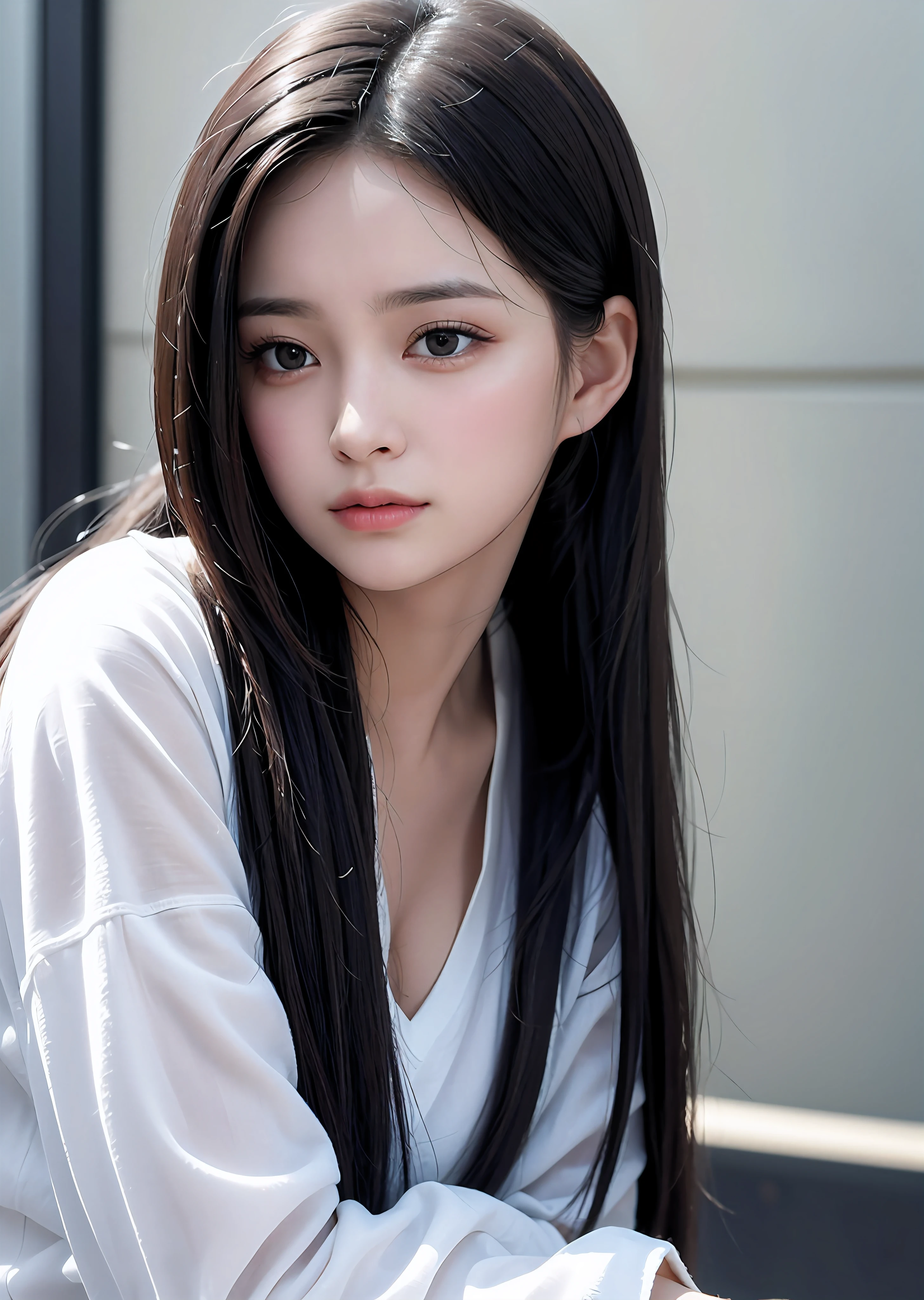 (8k, RAW photo, highest quality, High resolution:1.1), (hyperrealistic:1.4),(realistic, photorealistic:1.3), soft light,realistic face,realistic body,realistic skin,disorganized,masterpiece,(cute:1.8),(leaning forward:1.8),(From above:1.2),(close:1.4),on all fours,throw,( Detailed white loose T-shirt:1.2),(beautiful nipple slip:0.9),(long hair,ponytail),(big:1.2),cleavage,fine black eyes,innocent eyes,droopy eyes,Watery eye,open lips,blush,good style,cinema light,film Grain,close,look viewer,full Body,Depth of field, blurred background,Eye focus,young,85mm lens, f/ 1.4,professional lighting,portrait,photon mapping,radio city,Physically based rendering,Transparency,Day本の女の子,Day,Sunny,outdoors