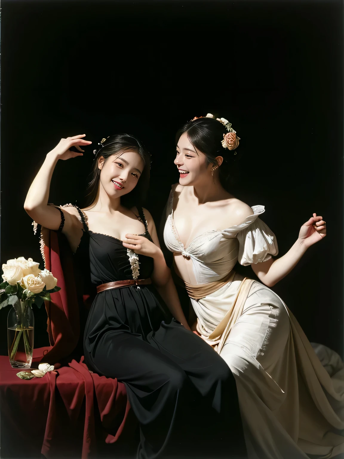 full body portrait ,flower,rose,antique,laughter,,sweet and enchanting appearance.、caravaggio painting、caravaggio'chiaroscuro,Two women having fun,cute smile, expression of ecstasy