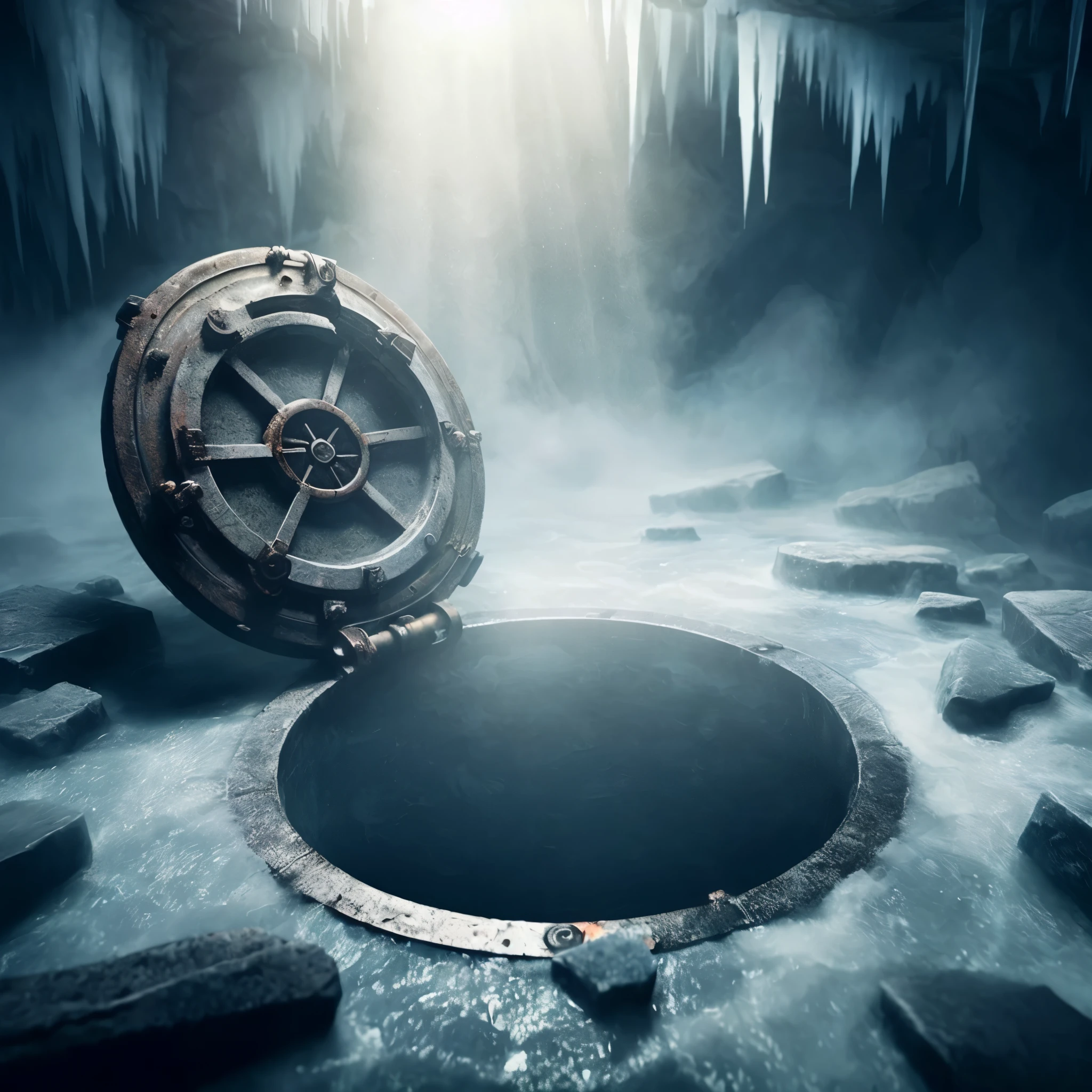 a close up of a metal door in a hole in a cave, a portal to the depths, industrial futuristic ice mine, portal to another world, sewer background, secret underground lab, magic portal to another world, descend into the deep, hollow earth, underground lake, inspired by Michal Karcz, giant crypto vault, underground room, the mines of moria