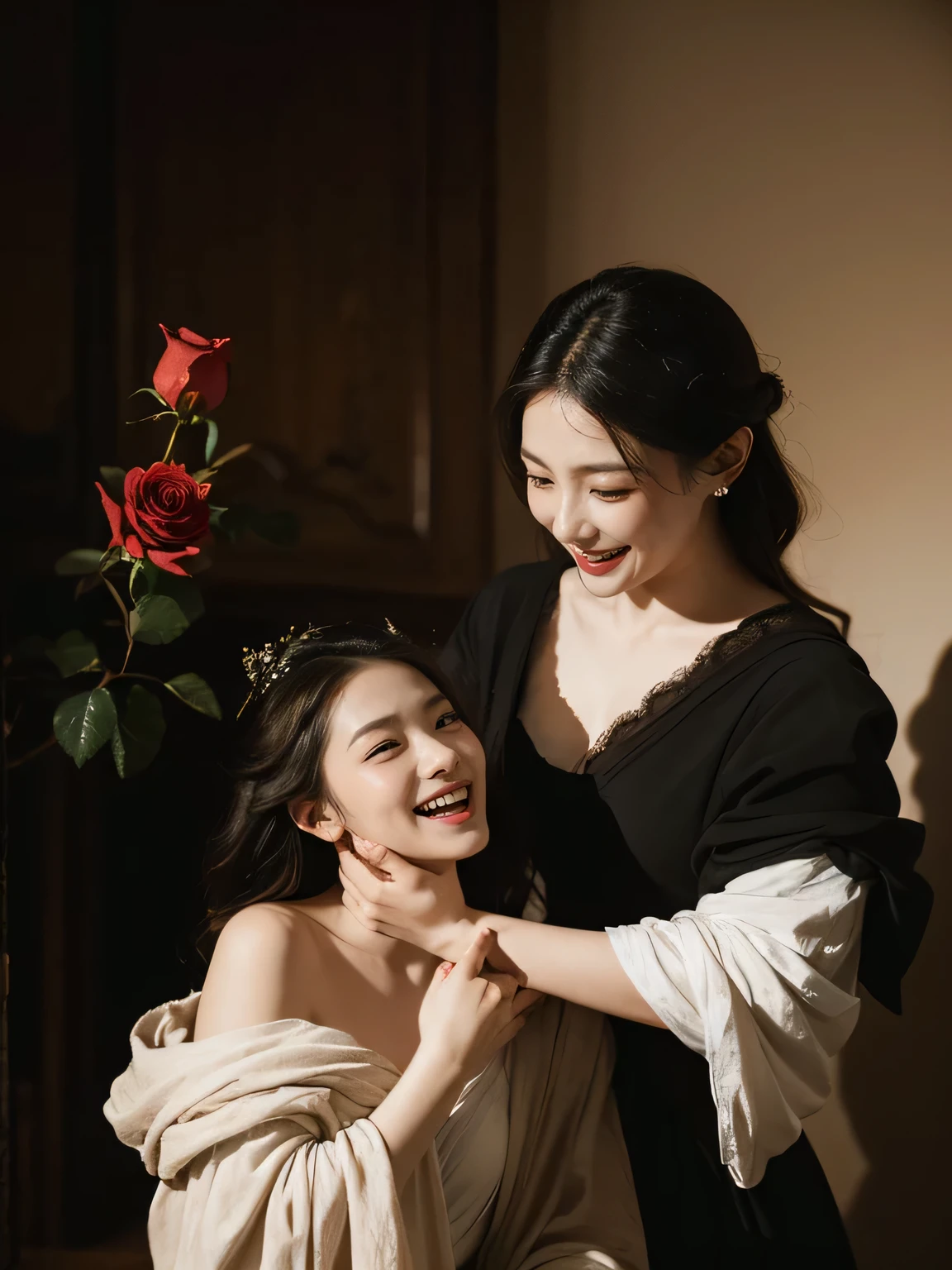 full body portrait ,flower,rose,antique,laughter,,sweet and enchanting appearance.、caravaggio painting、caravaggio'chiaroscuro,Two women having fun,cute smile, expression of ecstasy