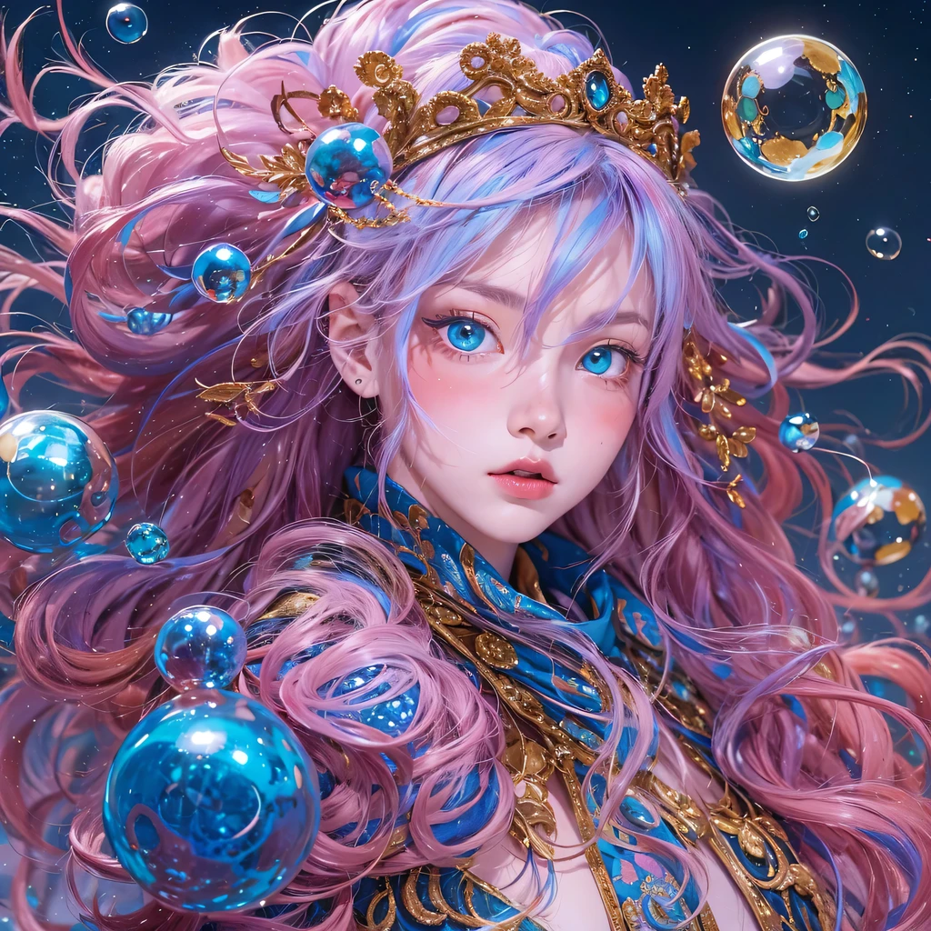 pinkblue colors,enamel,agate,A flesh-colored world,Blood Blue Maiden 32k(masterpiece,HD,Aoyama Pond,Ultra high quality,32k)long flowing bright blue hair,blood pool,Ziddink, a color,Grumpy (After greeting), (Linen scarf), fighting stance, looking at the ground, long white hair, Floating bright blue, Fire cloud gold headdress, Chinese long-sleeved gold silk burgundy garment, (Abstract metaverse splash:1.2), White background,Peony flower vitality protector(realistically:1.4),bright purple hair,Smoke on the road,The background is very pure, high resolution, detail, RAW photos, Sharp Re, Nikon D850 film photo by Jefferies Lee 4 Kodak Portra 400 camera F1.6 guns, colorful, Ultra-realistic and vivid textures, dramatic lighting, Unreal Engine Art Station Trend, Sinest 800,一个有着long flowing bright blue hair的女孩,huge colorful bubbles