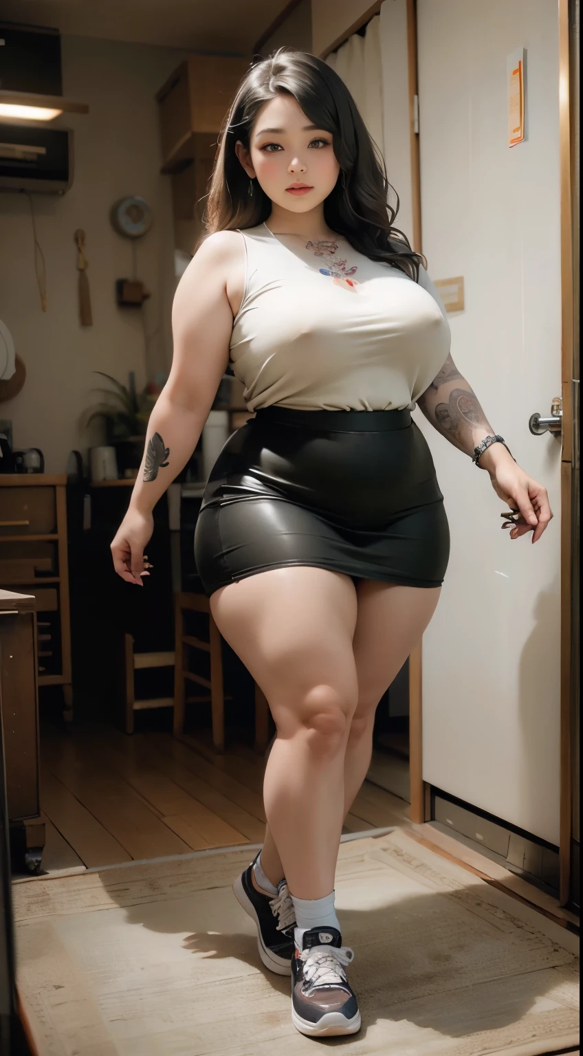 ((best quality)), ((masterpiece)), (detailed), perfect face, ((best quality)), ((masterpiece)), (detailed), perfect face, wanita chubby dewasa, wearing thight dress and thight skirt, chubby cheeks, chubby arm, chubby thighs, big breasts, wearing a sneakers, medium hair style, full body photoshoot, tattooed body , walk pose in a dark room , tattooed all over hands