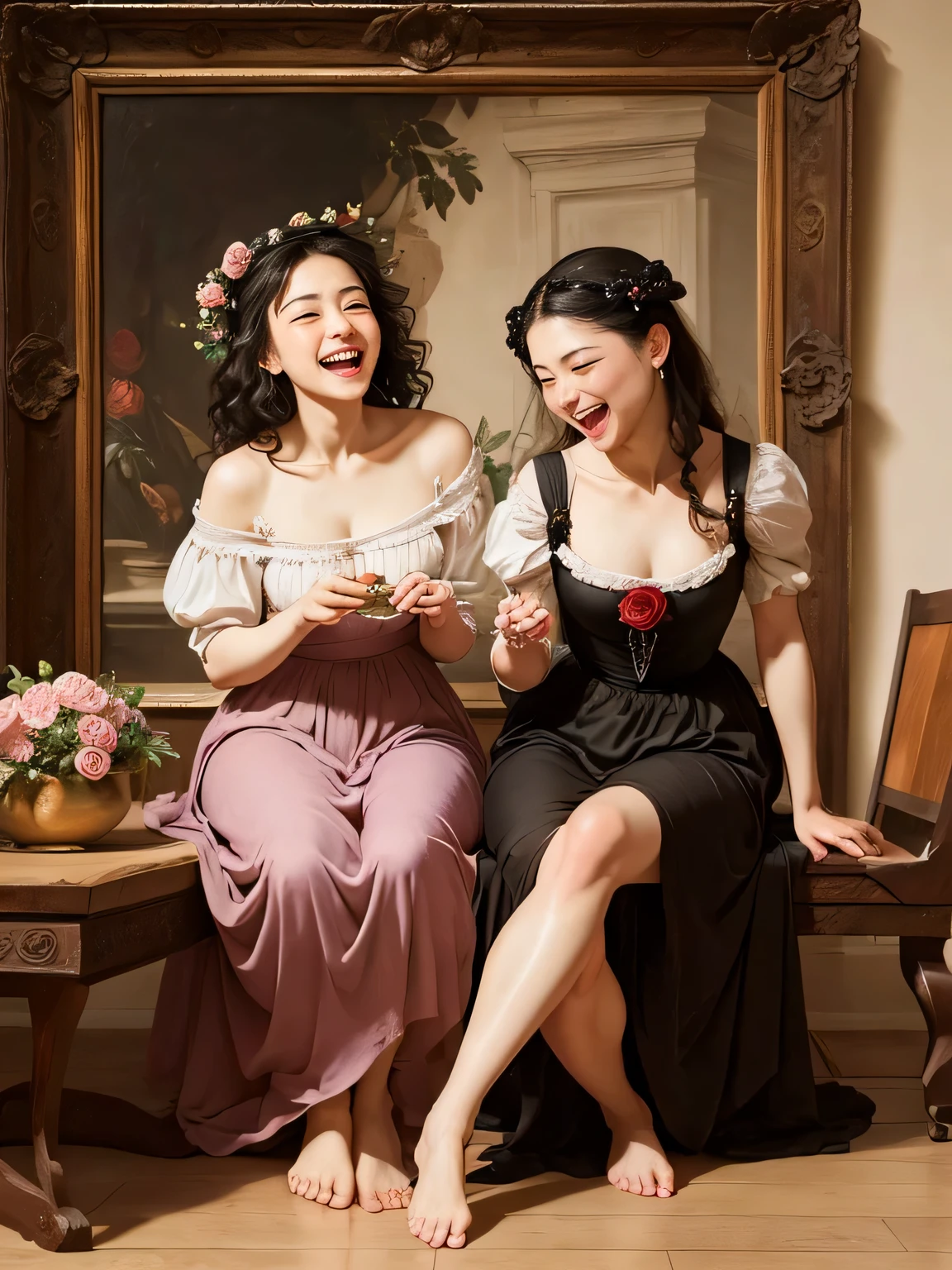 full body portrait ,flower,rose,antique,laughter,,sweet and enchanting appearance.、caravaggio painting、caravaggio'chiaroscuro,Two women having fun,cute smile, expression of ecstasy