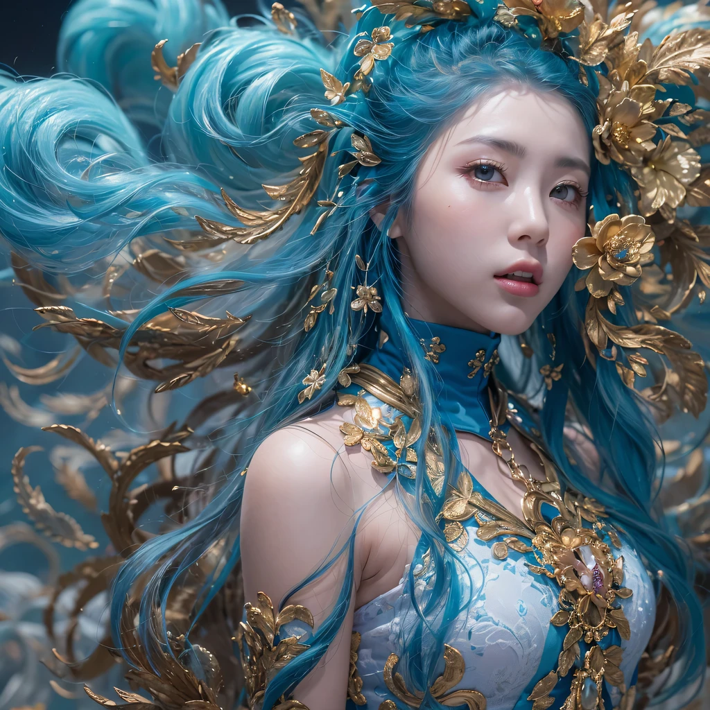 pinkblue colors,enamel,agate,A flesh-colored world,Blood Blue Maiden 32k(masterpiece,HD,Aoyama Pond,Ultra high quality,32k)long flowing bright blue hair,blood pool,Ziddink, a color,Grumpy (After greeting), (Linen scarf), fighting stance, looking at the ground, long white hair, Floating bright blue, Fire cloud gold headdress, Chinese long-sleeved gold silk burgundy garment, (Abstract metaverse splash:1.2), White background,Peony flower vitality protector(realistically:1.4),bright purple hair,Smoke on the road,The background is very pure, high resolution, detail, RAW photos, Sharp Re, Nikon D850 film photo by Jefferies Lee 4 Kodak Portra 400 camera F1.6 guns, colorful, Ultra-realistic and vivid textures, dramatic lighting, Unreal Engine Art Station Trend, Sinest 800,一个有着long flowing bright blue hair的女孩,huge colorful bubbles