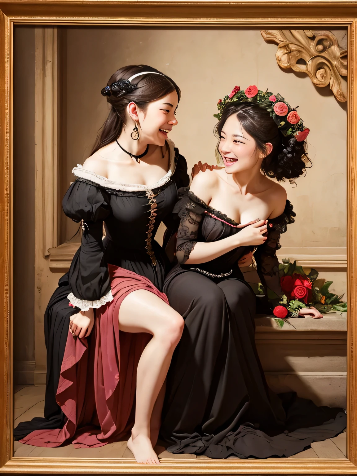 full body portrait ,flower,rose,antique,laughter,,sweet and enchanting appearance.、caravaggio painting、caravaggio'chiaroscuro,Two women having fun,cute smile, expression of ecstasy