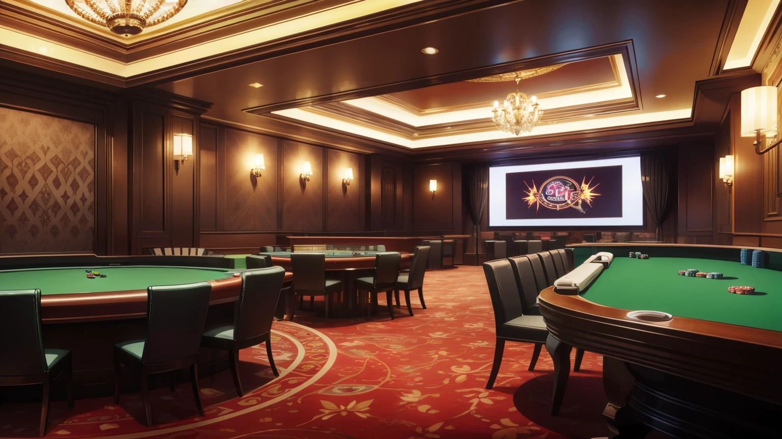 casino, luxurious, well-lit interior, games room, poker, (giant aquarium with several fish)