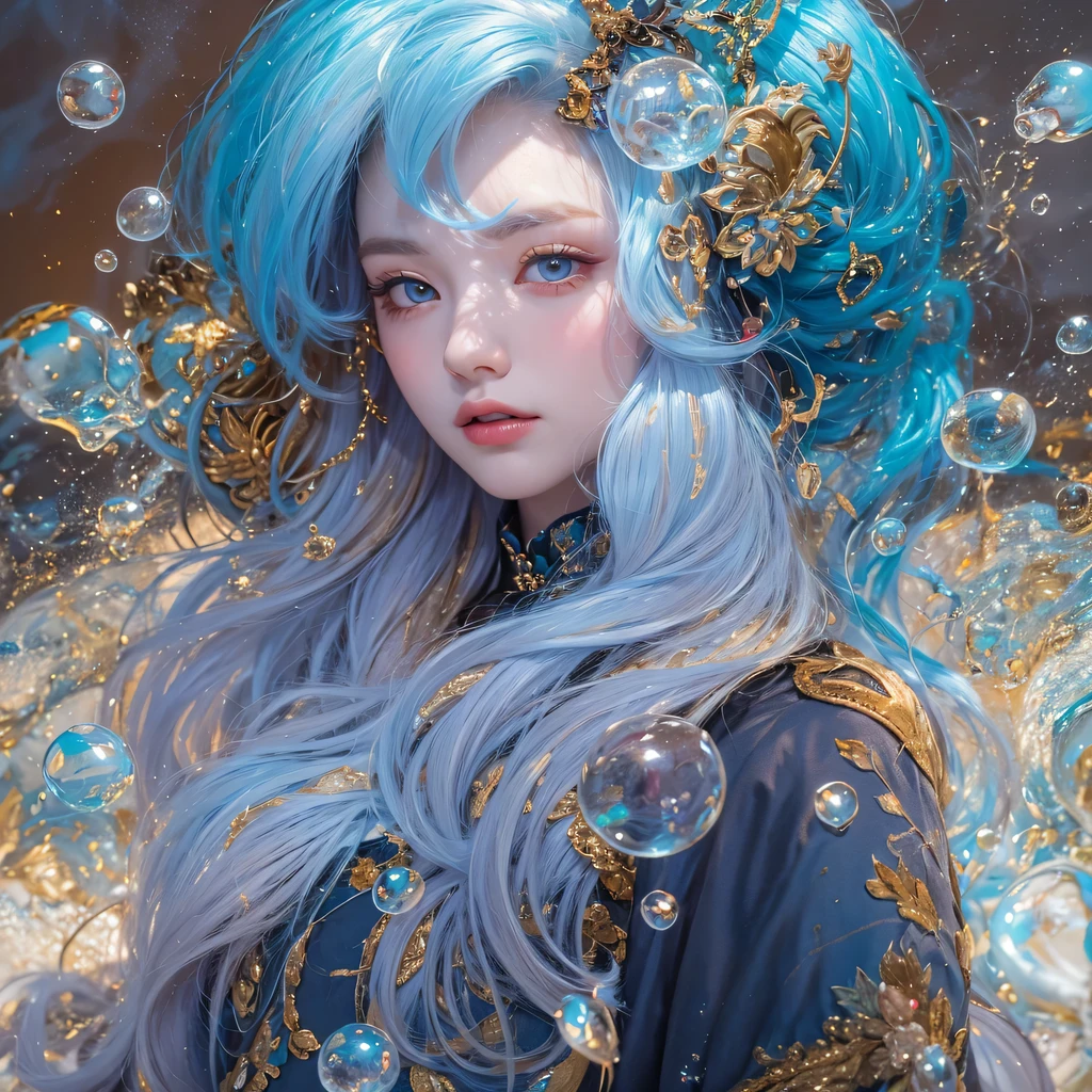 pinkblue colors,enamel,agate,A flesh-colored world,Blood Blue Maiden 32k(masterpiece,HD,Aoyama Pond,Ultra high quality,32k)long flowing bright blue hair,blood pool,Ziddink, a color,Grumpy (After greeting), (Linen scarf), fighting stance, looking at the ground, long white hair, Floating bright blue, Fire cloud gold headdress, Chinese long-sleeved gold silk burgundy garment, (Abstract metaverse splash:1.2), White background,Peony flower vitality protector(realistically:1.4),bright purple hair,Smoke on the road,The background is very pure, high resolution, detail, RAW photos, Sharp Re, Nikon D850 film photo by Jefferies Lee 4 Kodak Portra 400 camera F1.6 guns, colorful, Ultra-realistic and vivid textures, dramatic lighting, Unreal Engine Art Station Trend, Sinest 800,一个有着long flowing bright blue hair的女孩,huge colorful bubbles