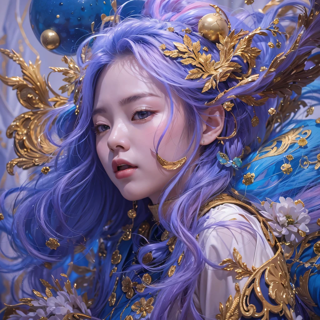 pinkblue colors，enamel，agate，A flesh-colored world，Blood Blue Maiden 32k（masterpiece，HD，Aoyama Pond，Ultra high quality，32k）long flowing bright blue hair，blood pool，Ziddink， a color，Grumpy （After greeting）， （Linen scarf）， fighting stance， looking at the ground， long white hair， Floating bright blue， Fire cloud gold headdress， Chinese long-sleeved gold silk burgundy garment， （Abstract metaverse splash：1.2）， White background，Peony flower vitality protector（realistically：1.4），bright purple hair，Smoke on the road，The background is very pure， high resolution， detail， RAW photos， Sharp Re， Nikon D850 film photo by Jefferies Lee 4 Kodak Portra 400 camera F1.6 guns, colorful, Ultra-realistic and vivid textures, dramatic lighting, Unreal Engine Art Station Trend, Sinest 800，一个有着long flowing bright blue hair的女孩，huge colorful bubbles