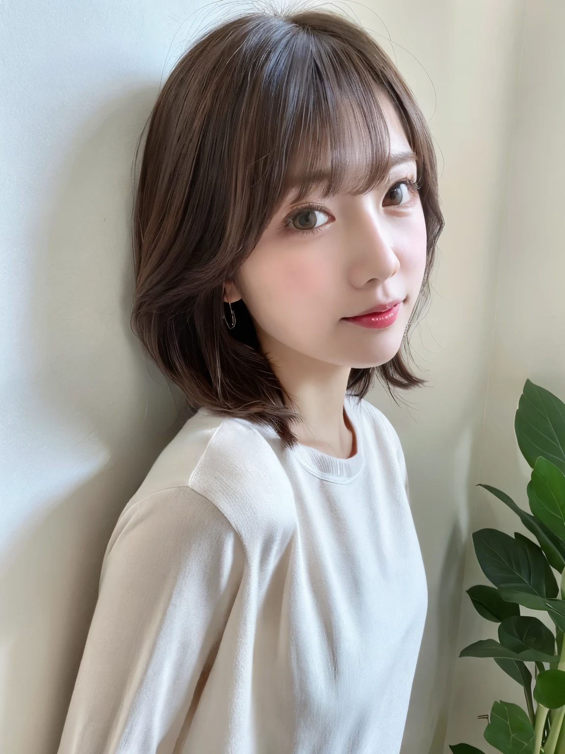 Ulchan-6500-v1.1, (RAW photo:1.2), (Photoreal), beautiful detailed girl, profile、woman looking sideways、(genuine: 1.4), short hair、long sleeve shirt、Taken in front of a white wall、very detailedな目と顔, beautiful and fine eyes、huge file size, High resolution, very detailed, highest quality, [masterpiece:1.6], enlightenment, very detailed, nffsw, finely, highest quality, 8k wallpaper, 1 girl, 32 years old, perfect body shape, cute droopy eyes beautiful big eyes、 highest quality, eye shadow, Upper body, portrait, ((full body shot:1.2))