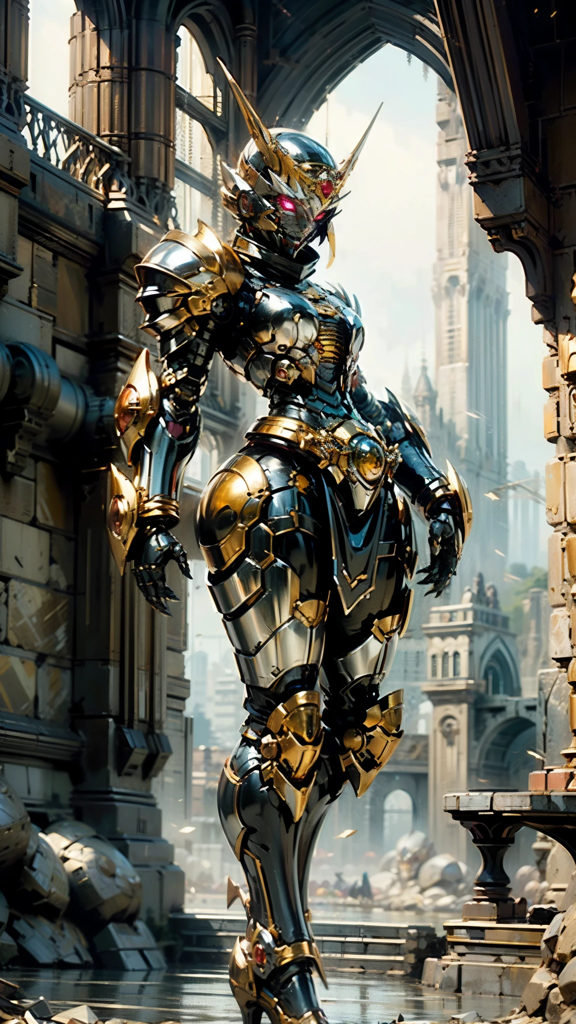A woman adorned in fantasy-style full-body armor, a crown-concept fully enclosed helmet that unveils only her eyes, a composite layered chest plate, fully encompassing shoulder and hand guards, a lightweight waist armor, form-fitting shin guards, the overall design is heavy-duty yet flexible, (the armor gleams with a golden glow, complemented by red and blue accents), exhibiting a noble aura, she floats above a fantasy-surreal high-tech city, this character embodies a finely crafted fantasy-surreal style armored hero in anime style, exquisite and mature manga art style, (mixture of Queen bee and Spider concept Armor, plasma), ((Element, elegant, goddess, femminine:1.5)), metallic, high definition, best quality, highres, ultra-detailed, ultra-fine painting, extremely delicate, professional, anatomically correct, symmetrical face, extremely detailed eyes and face, high quality eyes, creativity, RAW photo, UHD, 32k, Natural light, cinematic lighting, masterpiece-anatomy-perfect, masterpiece:1.5