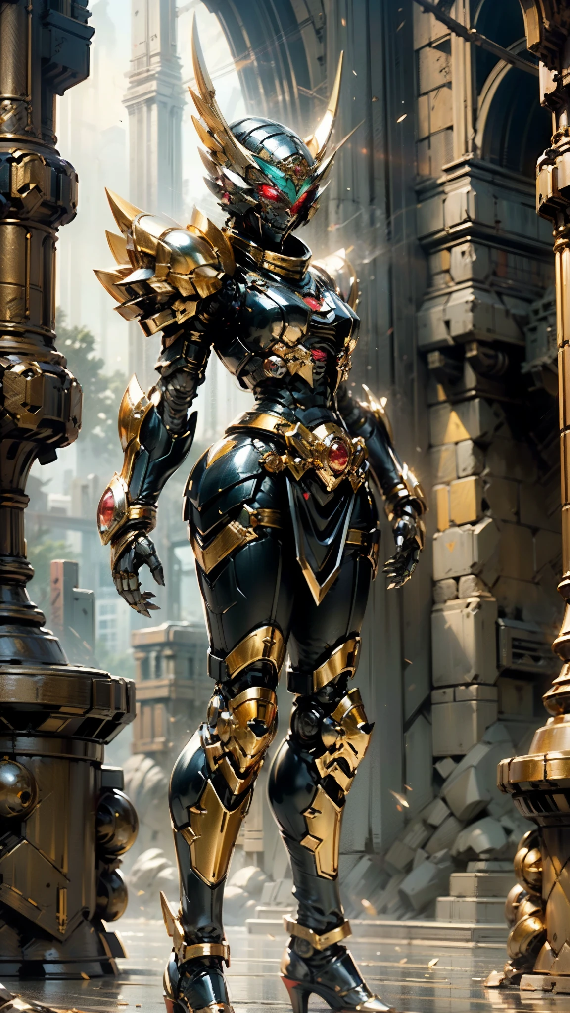 A woman adorned in fantasy-style full-body armor, a crown-concept fully enclosed helmet that unveils only her eyes, a composite layered chest plate, fully encompassing shoulder and hand guards, a lightweight waist armor, form-fitting shin guards, the overall design is heavy-duty yet flexible, (the armor gleams with a golden glow, complemented by red and blue accents), exhibiting a noble aura, she floats above a fantasy-surreal high-tech city, this character embodies a finely crafted fantasy-surreal style armored hero in anime style, exquisite and mature manga art style, (mixture of Queen bee and Spider concept Armor, plasma), ((Element, elegant, goddess, femminine:1.5)), metallic, high definition, best quality, highres, ultra-detailed, ultra-fine painting, extremely delicate, professional, anatomically correct, symmetrical face, extremely detailed eyes and face, high quality eyes, creativity, RAW photo, UHD, 32k, Natural light, cinematic lighting, masterpiece-anatomy-perfect, masterpiece:1.5