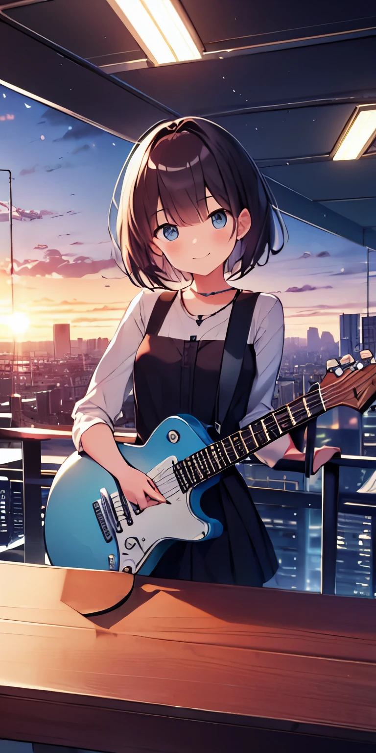 table top, highest quality,figure, wallpaper, Super detailed, absurd, girl, alone, (medium short hair、play the guitar、smile、Overlooking the city from the top of the hill、the sunset is beautiful