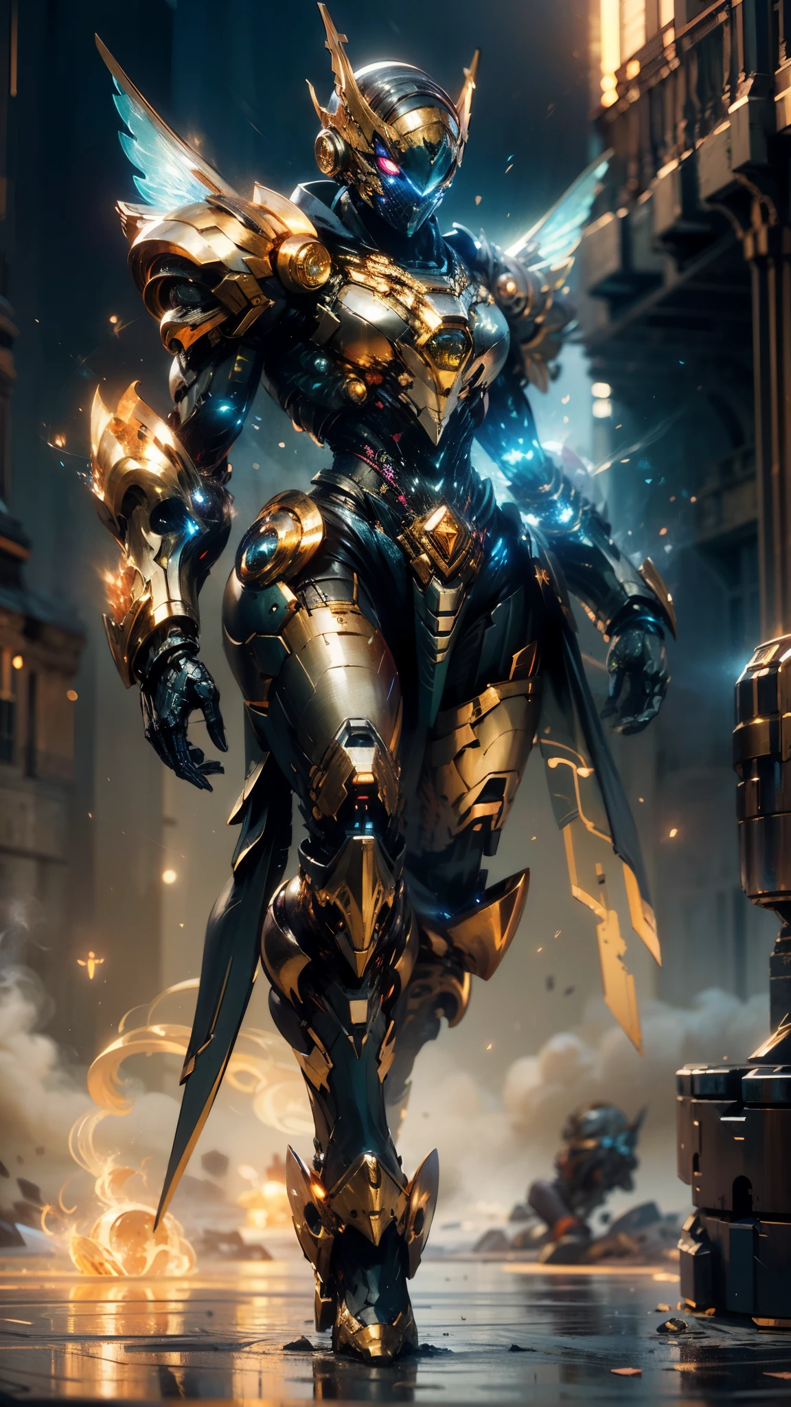 A woman adorned in fantasy-style full-body armor, a crown-concept fully enclosed helmet that unveils only her eyes, a composite layered chest plate, fully encompassing shoulder and hand guards, a lightweight waist armor, form-fitting shin guards, the overall design is heavy-duty yet flexible, (the armor gleams with a golden glow, complemented by red and blue accents), exhibiting a noble aura, she floats above a fantasy-surreal high-tech city, this character embodies a finely crafted fantasy-surreal style armored hero in anime style, exquisite and mature manga art style, (mixture of Queen bee and Spider concept Armor, plasma), ((Element, elegant, goddess, femminine:1.5)), metallic, high definition, best quality, highres, ultra-detailed, ultra-fine painting, extremely delicate, professional, anatomically correct, symmetrical face, extremely detailed eyes and face, high quality eyes, creativity, RAW photo, UHD, 32k, Natural light, cinematic lighting, masterpiece-anatomy-perfect, masterpiece:1.5