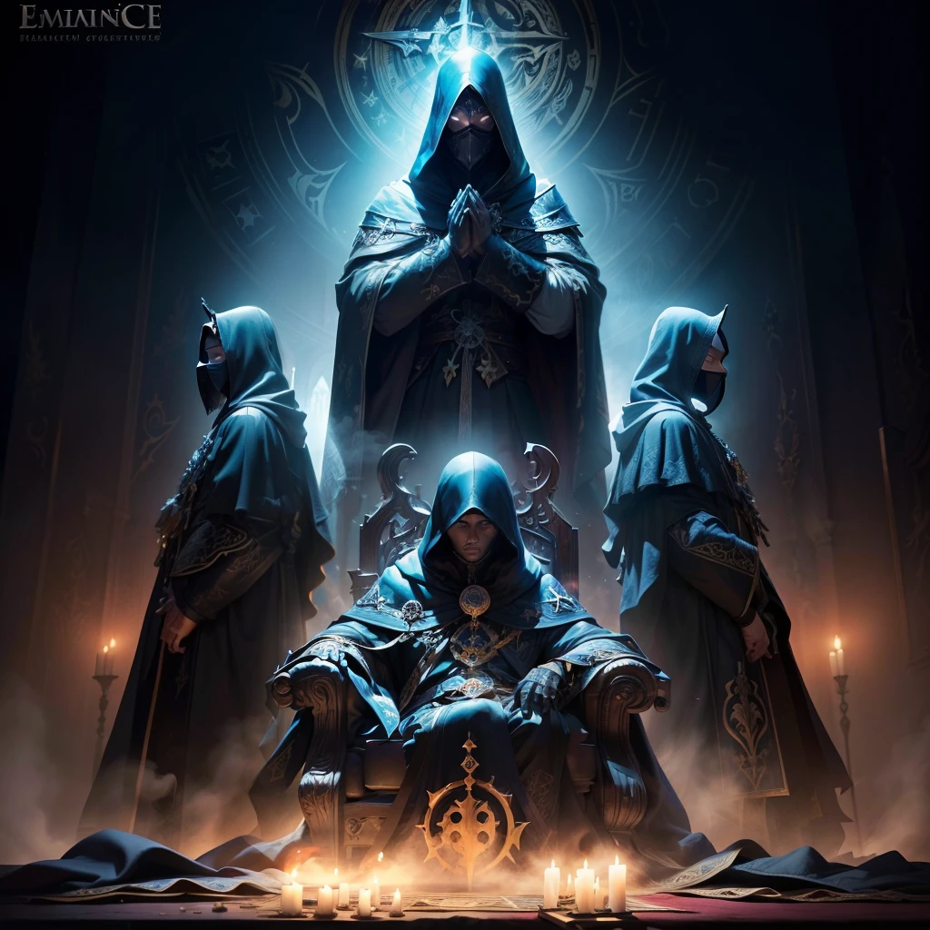 Logo, (masterpiece, top quality, best quality, extreme detailed),colorful,highest detailed,secret society behind the throne, hooded people, shadow, masked king, silhouettes, secret power, hands from the shadows, secret control, shadows of people above the throne, (logo:1.3), (Eminence Grise:1.3), darkness, full hd