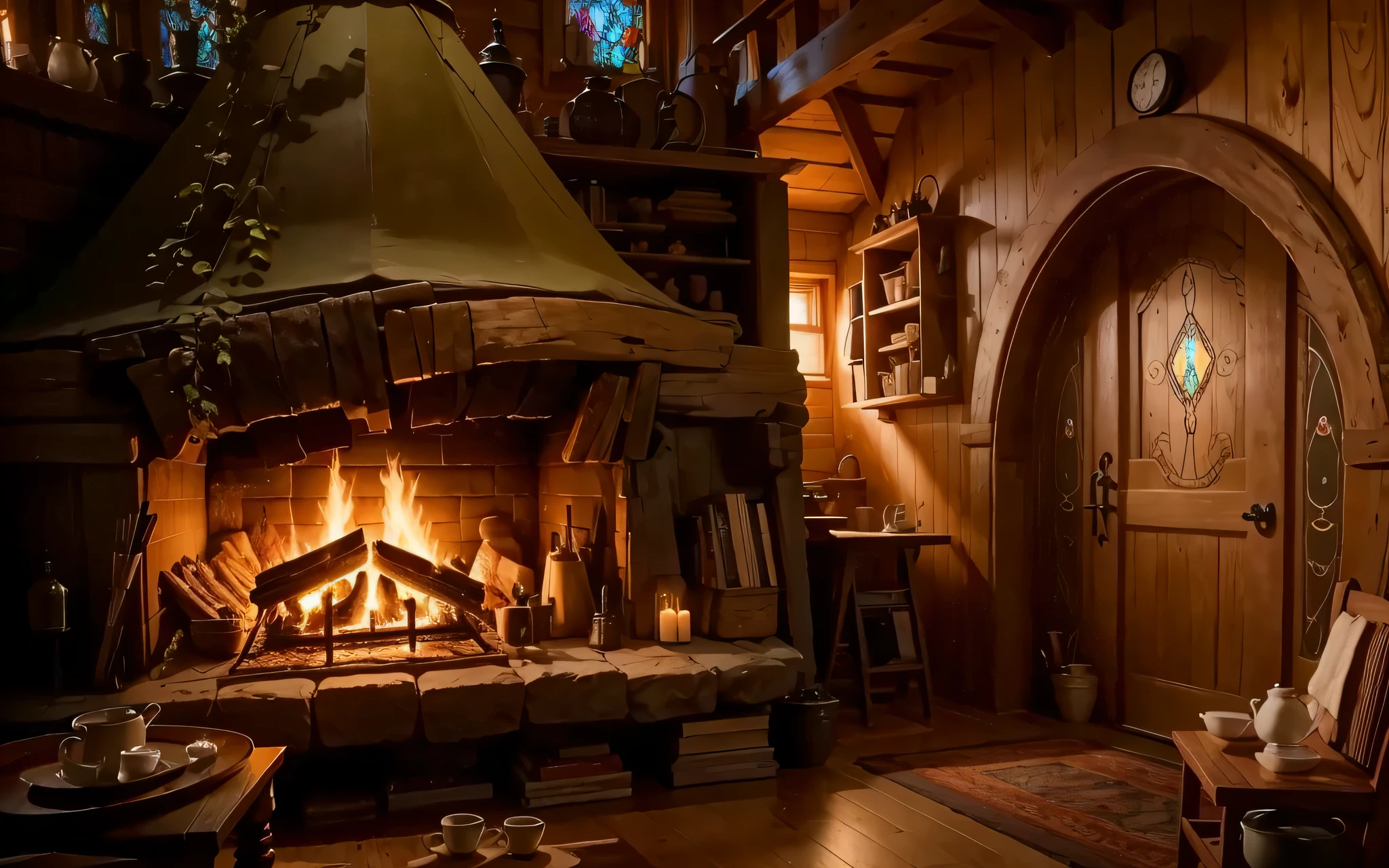 grande lareira na casa de madeira do hobbit. Uma sala cheia de objetos, uma mesa com mercadorias, kettle and cup of coffee, uma estante ao lado da lareira, e no final, um lindo vitral, uma sala de objetos detalhados (Do it better, MAIS DETALHADO)