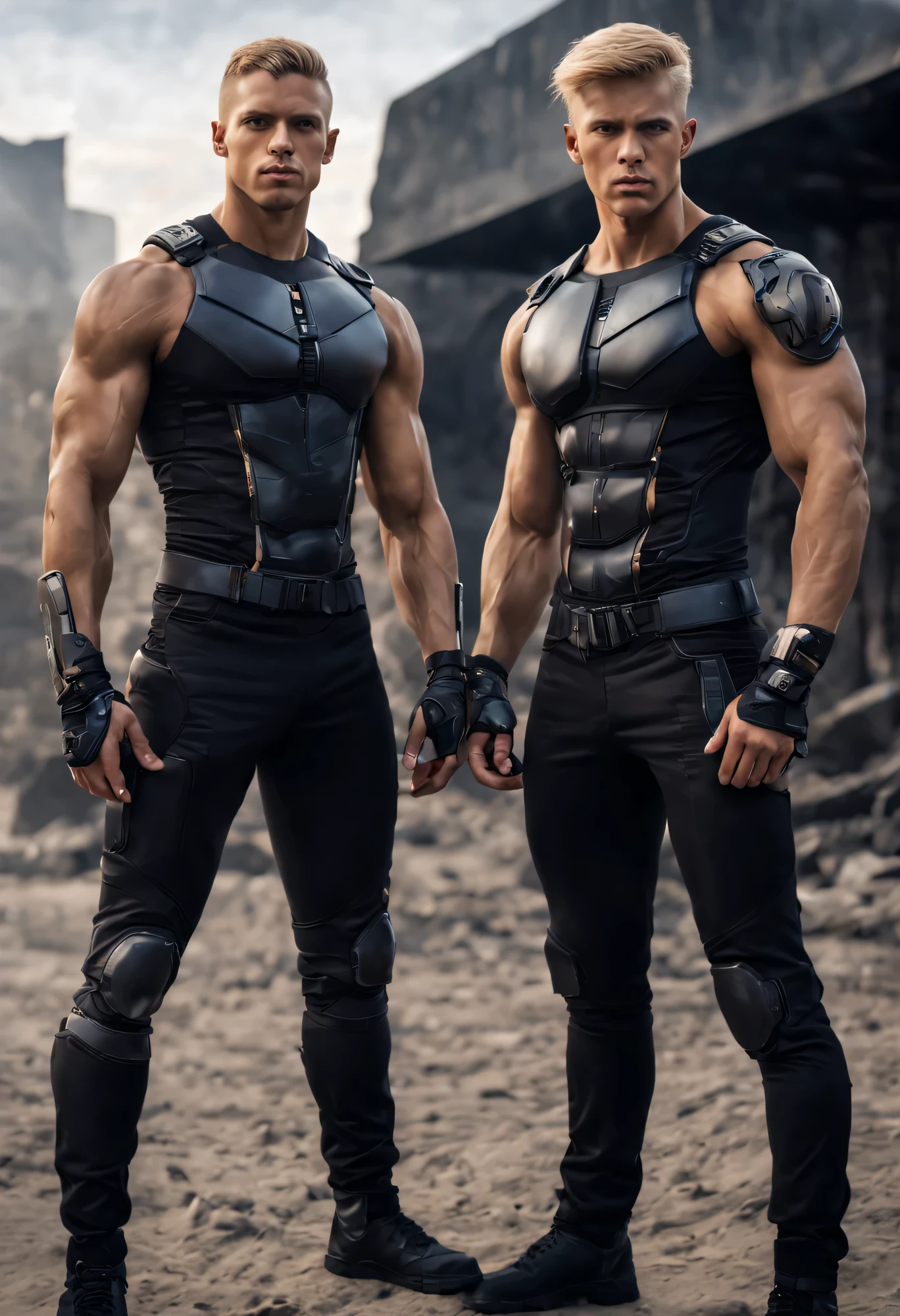 two brothers, one tanned and other light skin, brown and blond, realistic, 4k quality, very high resolution, two men, brotherhood, full body picture, muscular but skinny, full body showing image, Thoughtful, muscular, black pants, print details, mystical, mysterious, hispanic and blond, war zone, cyborg style, futuristic, looking forward to camera