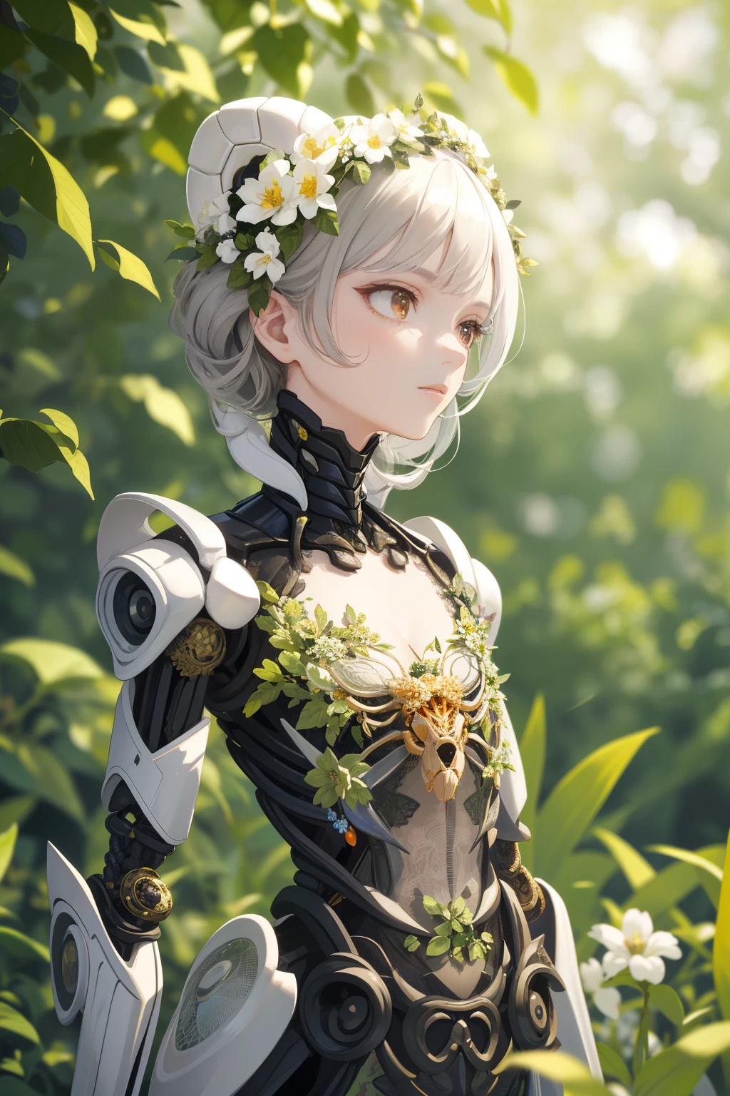 Masterpiece, one ant, anthropomorphic, wearing a floral dress, intricately detailed, best quality, realistic, ultradetailed, (shiny exoskeleton: 1.4), whimsical, looking at the audience, large expressive eyes with long lashes, slender antennae, dynamic light and shadow, high resolution, sharp focus, depth of field, delicate eyes, sharp pupils, pupils realistic, (wearing accessories: 1.2), outdoor scene, green foliage and flowers, peaceful surroundings.