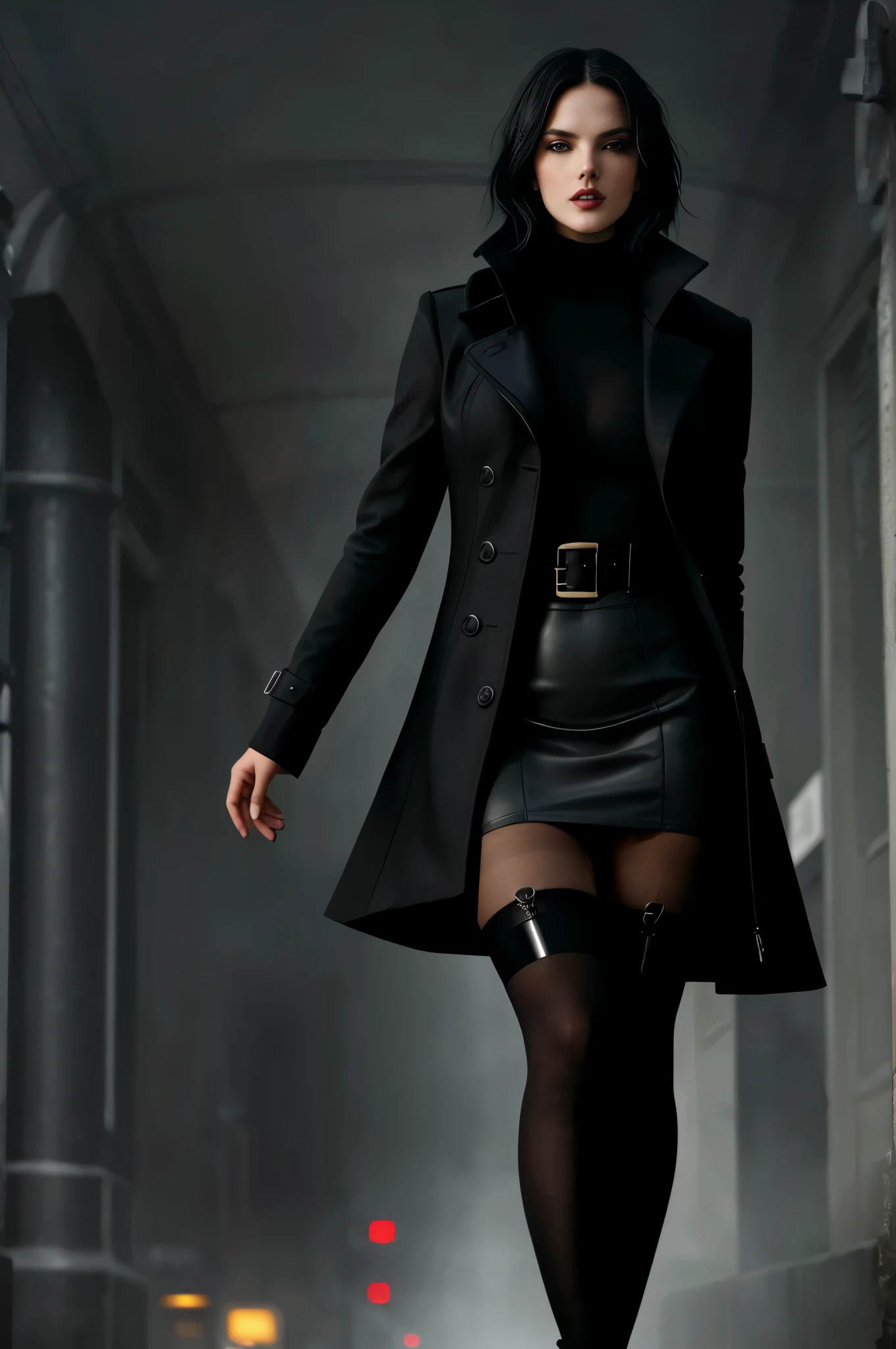 There is a woman walking through the tunnel wearing stockings and stockings, 2 b, 2b, gothic city streets behind her, lady in black coat and pantyhose, aeon flux style, Reminiscent《bladerunner》, sensual gloomy style, Tights; On the street, mall goth, leather stockings, Sexy look, supermodel in silent hill, Cyberpunk costumes, thighhighs and skirt