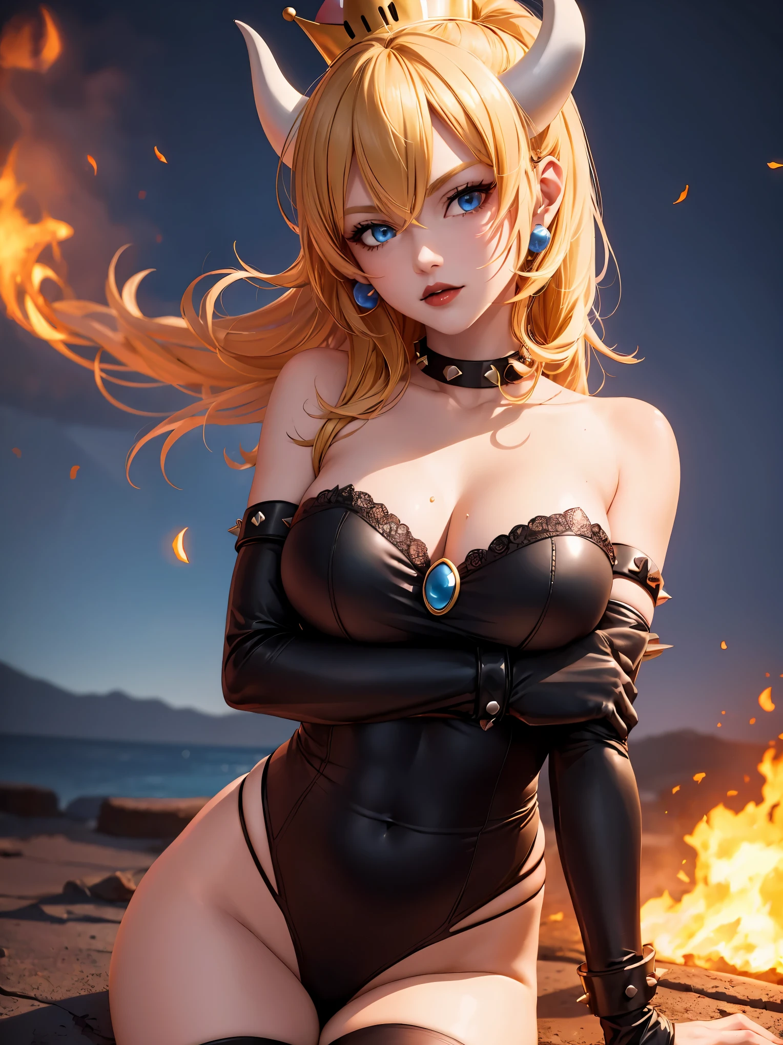 ((high detailed, best quality, 4k, masterpiece, hd:1.3)), ((best quality)), (((HD))), (((8k))), (ultraDH), (ultra HD), Princess Daisy, blue eyes, BREAK blue eyes, seductive, attractive, smooth anime cg art, 36C breasts, long legs, vivid colors, detailed digital art, slim body, perfect skin, dark blonde hair, long hair, blonde hair, blonde hair, BREAK crown, cleavage, 36C cleavage, looking at viewer, BREAK looking at viewer, extremely detailed face, red santa suit, red santa claus suit, santa claus suit, earrings, gem, dark black makeup lips, dark gothic eyeshadows, dark eyeshadows, black eyeshadows, black sexy lips, black lips, (dark:1.2), dark lips, very dark lips, (perfect hands, perfect anatomy), black makeup, black medium lips, black thick lips, detailed fingers, five fingers per hand, 5 fingers, (1 girl), detailed lips, detailed black lips, black painted lips, gothic painted lips, BREAK night, night sky, (breast focus), (arms outstreched:1.2), (from above:1.1), (breasts out:1.3), (off shoulder:1.1), (white horns), (bra), into the volcano, lava on the floor, volcanic background,