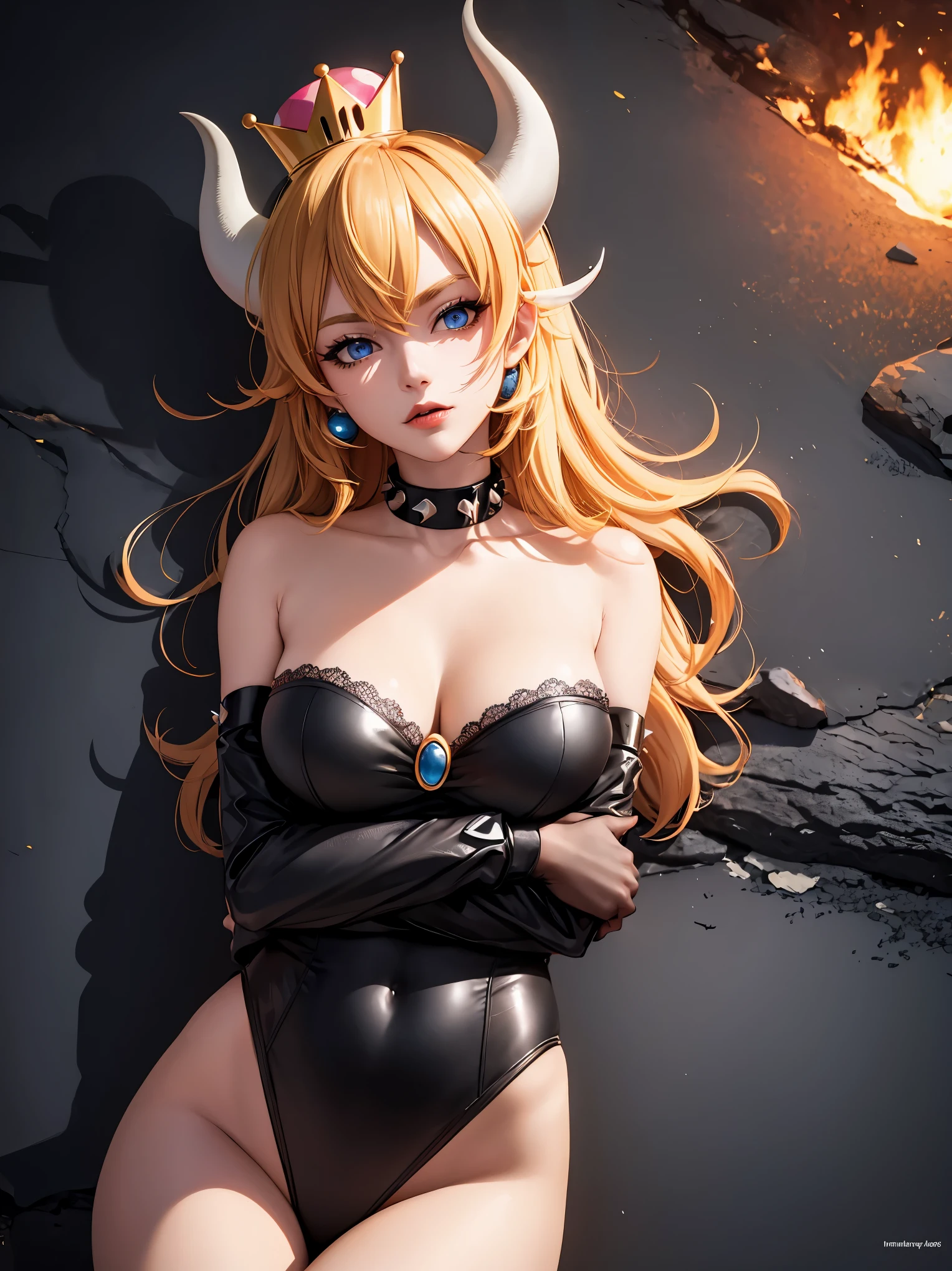 ((high detailed, best quality, 4k, masterpiece, hd:1.3)), ((best quality)), (((HD))), (((8k))), (ultraDH), (ultra HD), Princess Daisy, blue eyes, BREAK blue eyes, seductive, attractive, smooth anime cg art, 36C breasts, long legs, vivid colors, detailed digital art, slim body, perfect skin, dark blonde hair, long hair, blonde hair, blonde hair, BREAK crown, cleavage, 36C cleavage, looking at viewer, BREAK looking at viewer, extremely detailed face, red santa suit, red santa claus suit, santa claus suit, earrings, gem, dark black makeup lips, dark gothic eyeshadows, dark eyeshadows, black eyeshadows, black sexy lips, black lips, (dark:1.2), dark lips, very dark lips, (perfect hands, perfect anatomy), black makeup, black medium lips, black thick lips, detailed fingers, five fingers per hand, 5 fingers, (1 girl), detailed lips, detailed black lips, black painted lips, gothic painted lips, BREAK night, night sky, (breast focus), (arms outstreched:1.2), (from above:1.1), (breasts out:1.3), (off shoulder:1.1), (white horns), (bra), into the volcano, lava on the floor, volcanic background,