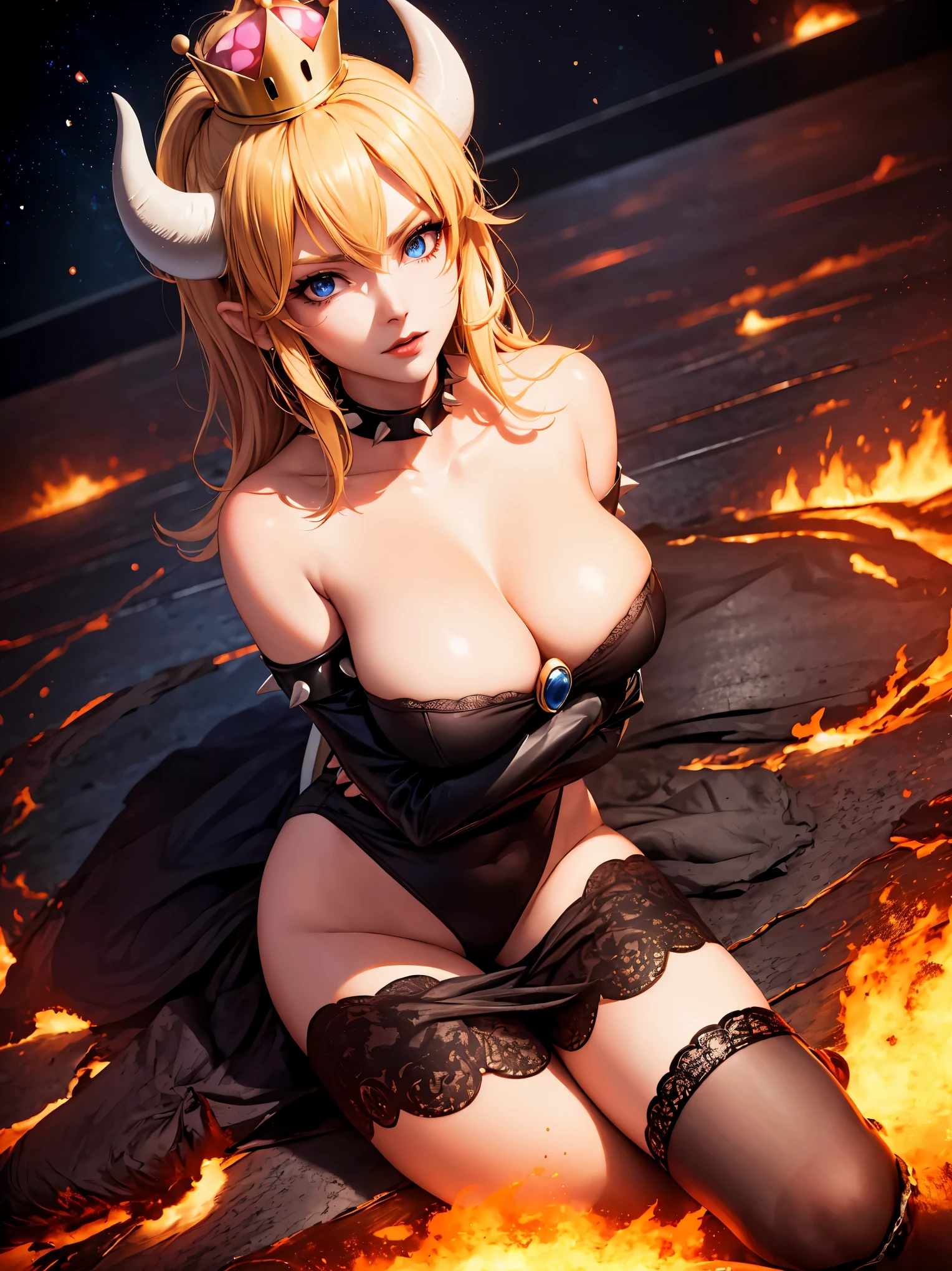 ((high detailed, best quality, 4k, masterpiece, hd:1.3)), ((best quality)), (((HD))), (((8k))), (ultraDH), (ultra HD), Princess Daisy, blue eyes, BREAK blue eyes, seductive, attractive, smooth anime cg art, 36C breasts, long legs, vivid colors, detailed digital art, slim body, perfect skin, dark blonde hair, long hair, blonde hair, blonde hair, BREAK crown, cleavage, 36C cleavage, looking at viewer, BREAK looking at viewer, extremely detailed face, red santa suit, red santa claus suit, santa claus suit, earrings, gem, dark black makeup lips, dark gothic eyeshadows, dark eyeshadows, black eyeshadows, black sexy lips, black lips, (dark:1.2), dark lips, very dark lips, (perfect hands, perfect anatomy), black makeup, black medium lips, black thick lips, detailed fingers, five fingers per hand, 5 fingers, (1 girl), detailed lips, detailed black lips, black painted lips, gothic painted lips, BREAK night, night sky, (breast focus), (arms outstreched:1.2), (from above:1.1), (breasts out:1.3), (off shoulder:1.1), (white horns), (bra), into the volcano, lava on the floor, volcanic background,