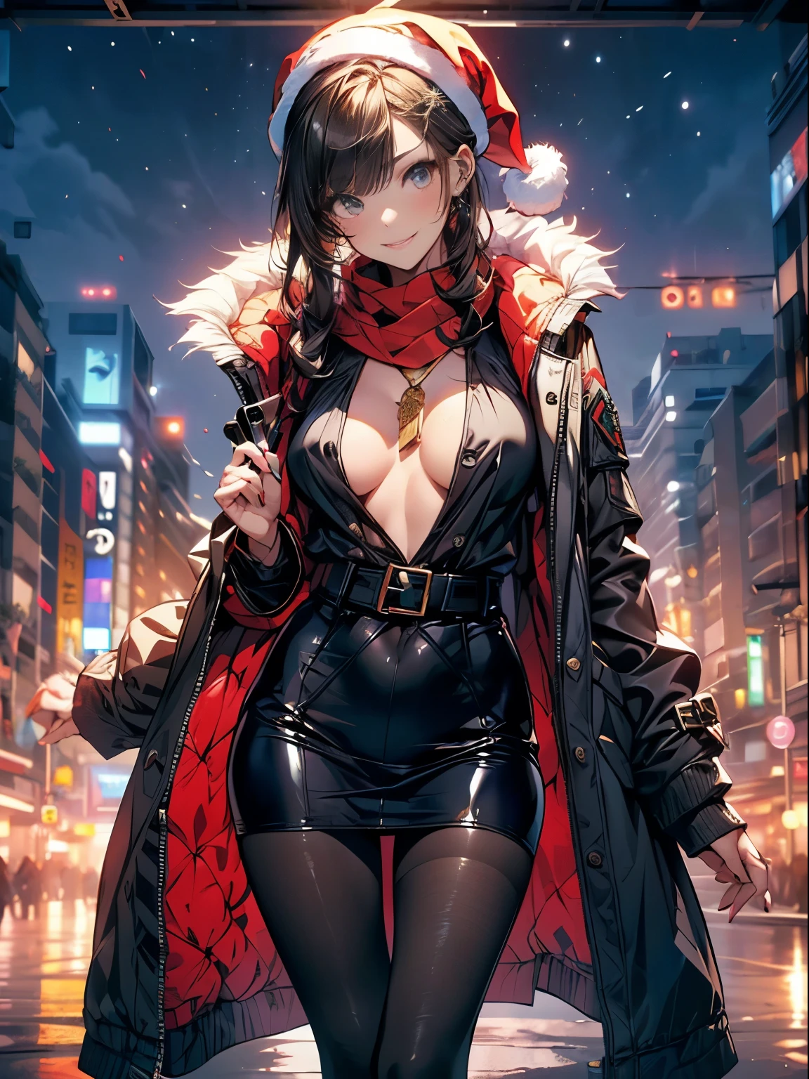 (image bulletin board:1.3), ((Santa Girl:1.3)), Mature woman with long black hair and red outfit, red winter coat with boa, scarf, tight long boots, red and green winter clothes, Holding a present box with a ribbon wrapped around it, Christmas tree decorated with many ornaments, Wearing a red pencil skirt, Arabic, bodybian, small details. girls frontline, beautiful anime illustration, from girls frontline, Written by Jean J.., wonderful, 28 years old, (mature woman:1.3), (alone:1.5), (software:1.25), (saggy breasts, move your chest, big breasts, thin waist, big ass:1.2), sexy, (dark mahogany medium short hair, up style, hair above one eye, asymmetrical hair, curly hair, Low grouping), (Muslim, white Headscarf, hair band, Bandage the head, turbaned), (ultra high resolution, 8k RAW photo, realistic, Thin contours:1.3, clear focus), highest quality, cinematic lighting, textile shading, blurred background, deep field, Bokeh, (bright eyes, Delicate and beautiful eyes with highlights:1.3, high resolution face), red lips, High quality and realistic skin:1.1, looking at the viewer:1.3, (dynamic angle:1.3, Front view:1.1, sharply focus:1.3, from below:1.2), (dynamic posing:1.5, sexyポーズ:1.2, leaning forward), (enchanting smile:1.2), center image, (He is wearing a long red jacket with a boa., ((bare chest:1.37)), gold ornaments, Please tie the red clothes around your waist., dark red long leather boots:1.3, translucent lace pantyhose), (((correct anatomy:1.5, perfect anatomy:1.37))), (At night:1.3),