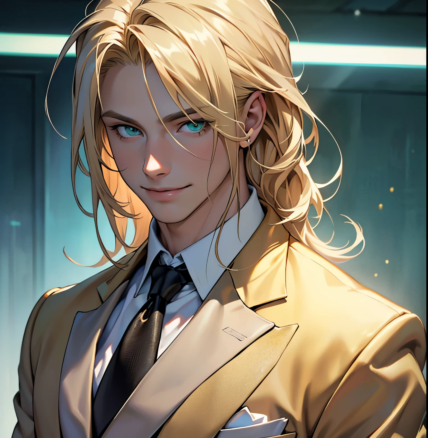 (realistic: 1.37, best quality, 4k, 8k, high resolution, masterpiece: 1.2), ultra-detailed, male, a young man with fair skin, medium light blond hair, dressed in elegant suit outfit with straight hair. anatomically correct. Green eyes, smile on face. age of sixteen.