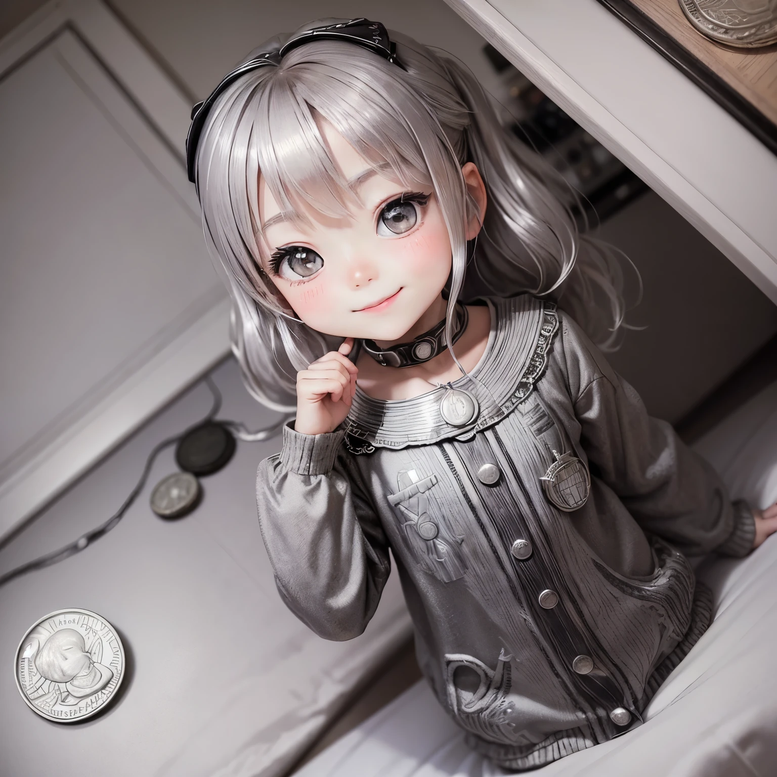 Photoreal、monochrome photography、(((silver coin)))、silver coinの表面にはアニメのキャラクター（chibi girl、The lines are thick、smile、Deformed）A picture is drawn of