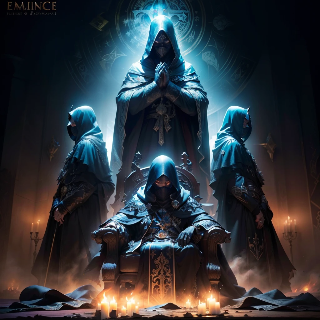 Logo, (masterpiece, top quality, best quality, extreme detailed),colorful,highest detailed,secret society behind the throne, hooded people, shadow, masked king, silhouettes, secret power, hands from the shadows, secret control, shadows of people above the throne, (logo:1.3), (Eminence Grise:1.3), darkness, full hd