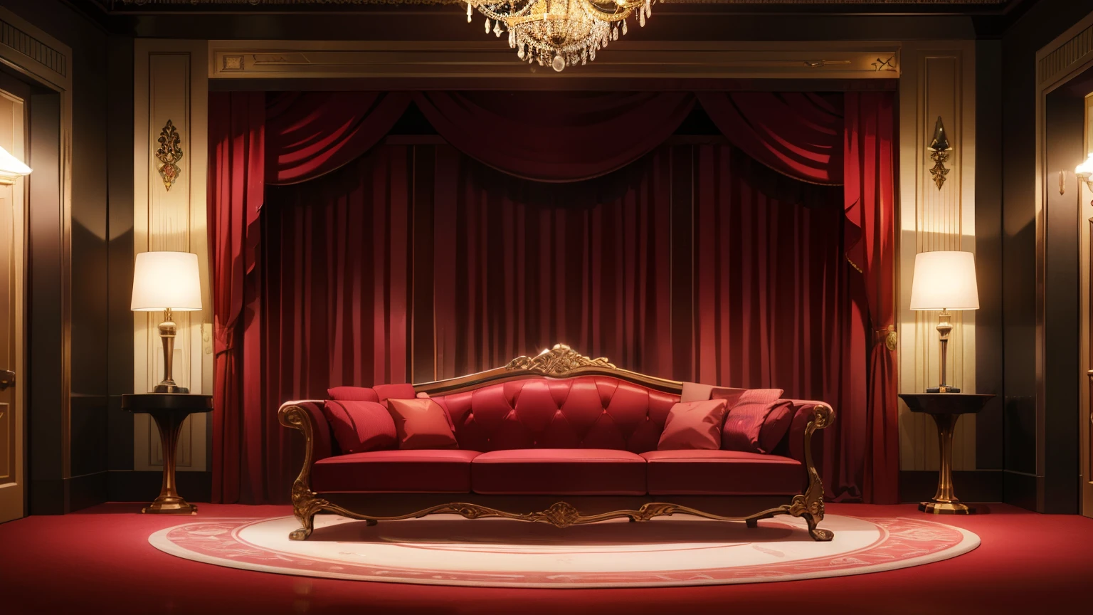 casino, vip area, red sofa, wooden table, curtain, pink neon, luxurious, well-lit interior