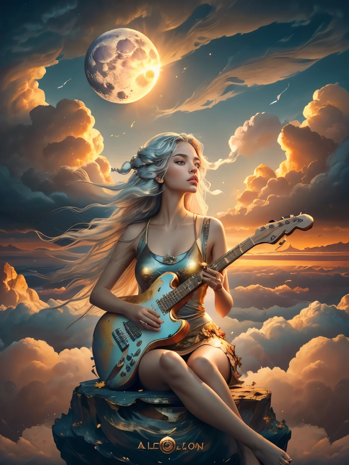 abstract painting art, 8k poster, full body, golden flowers, beautiful girl sitting on the edge of the cliff observing the distant horizon, golden eyes, garden, golden eyes, long hair blown by the wind, front view of female body, bronze hair metallic, red cloud sunset, night light, depth of valley seen from above with a lake and distant mountains, abstract oil painting, a girl well focused on the scene, (((girl plays guitar))), overexposure, overexposure art, surreal art, fantasy, abstract art of a woman in a mountain landscape, 8k poster, full body, gold and silver flowers, evening light, (((girl plays guitar))), (((giant full moon next to the sun, ))), (((musical signs in the clouds))), ((((long hair loose in the air, abstract hair molded into musical symbols, musical score thrown into the clouds, surreal art)))), high 8k resolution poster, gold and silver butterflies, ((short dress, tank top)), ((transparent t-shirt)), ((mini skirt)), ((bare feet) )), ((bare feet) )),