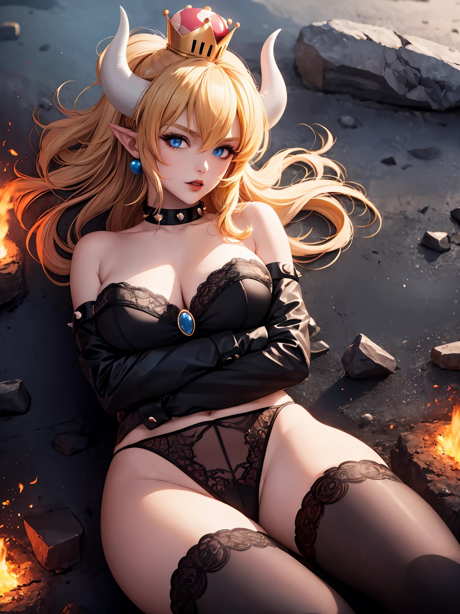 ((high detailed, best quality, 4k, masterpiece, hd:1.3)), ((best quality)), (((HD))), (((8k))), (ultraDH), (ultra HD), Princess Daisy, blue eyes, BREAK blue eyes, seductive, attractive, smooth anime cg art, 36C breasts, long legs, vivid colors, detailed digital art, slim body, perfect skin, dark blonde hair, long hair, blonde hair, blonde hair, BREAK crown, cleavage, 36C cleavage, looking at viewer, BREAK looking at viewer, extremely detailed face, red santa suit, red santa claus suit, santa claus suit, earrings, gem, dark black makeup lips, dark gothic eyeshadows, dark eyeshadows, black eyeshadows, black sexy lips, black lips, (dark:1.2), dark lips, very dark lips, (perfect hands, perfect anatomy), black makeup, black medium lips, black thick lips, detailed fingers, five fingers per hand, 5 fingers, (1 girl), detailed lips, detailed black lips, black painted lips, gothic painted lips, BREAK night, night sky, (breast focus), (arms outstreched:1.2), (from above:1.1), (breasts out:1.3), (off shoulder:1.1), (white horns), (bra), into the volcano, lava on the floor, volcanic background,