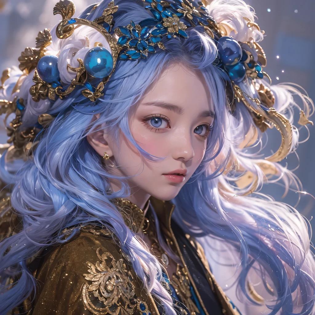 red blue colors，enamel，agate，A flesh-colored world，Blood Blue Maiden 32k（masterpiece，HD，Aoyama Pond，Ultra high quality，32k）long flowing bright blue hair，blood pool，Ziddink， a color，Grumpy （After greeting）， （Linen scarf）， fighting stance， looking at the ground， long white hair， Floating bright blue， Fire cloud gold headdress， Chinese long-sleeved gold silk burgundy garment， （Abstract metaverse splash：1.2）， White background，Peony flower vitality protector（realistically：1.4），bright purple hair，Smoke on the road，The background is very pure， high resolution， detail， RAW photos， Sharp Re， Nikon D850 film photo by Jefferies Lee 4 Kodak Portra 400 camera F1.6 guns, colorful, Ultra-realistic and vivid textures, dramatic lighting, Unreal Engine Art Station Trend, Sinest 800，一个有着long flowing bright blue hair的女孩，huge colorful bubbles