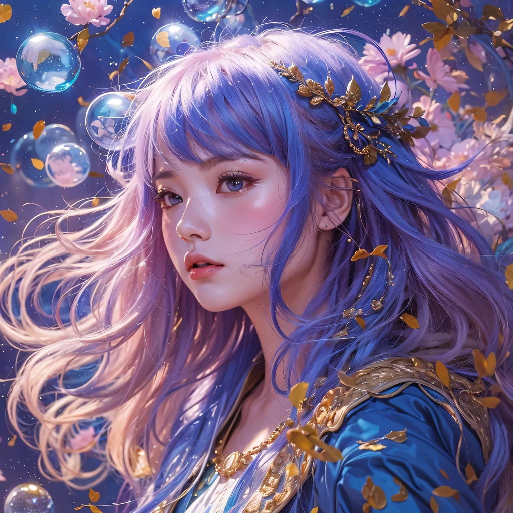 red blue colors,enamel,agate,A flesh-colored world,Blood Blue Maiden 32k(masterpiece,HD,Aoyama Pond,Ultra high quality,32k)long flowing bright blue hair,blood pool,Ziddink, a color,Grumpy (After greeting), (Linen scarf), fighting stance, looking at the ground, long white hair, Floating bright blue, Fire cloud gold headdress, Chinese long-sleeved gold silk burgundy garment, (Abstract metaverse splash:1.2), White background,Peony flower vitality protector(realistically:1.4),bright purple hair,Smoke on the road,The background is very pure, high resolution, detail, RAW photos, Sharp Re, Nikon D850 film photo by Jefferies Lee 4 Kodak Portra 400 camera F1.6 guns, colorful, Ultra-realistic and vivid textures, dramatic lighting, Unreal Engine Art Station Trend, Sinest 800,一个有着long flowing bright blue hair的女孩,huge colorful bubbles