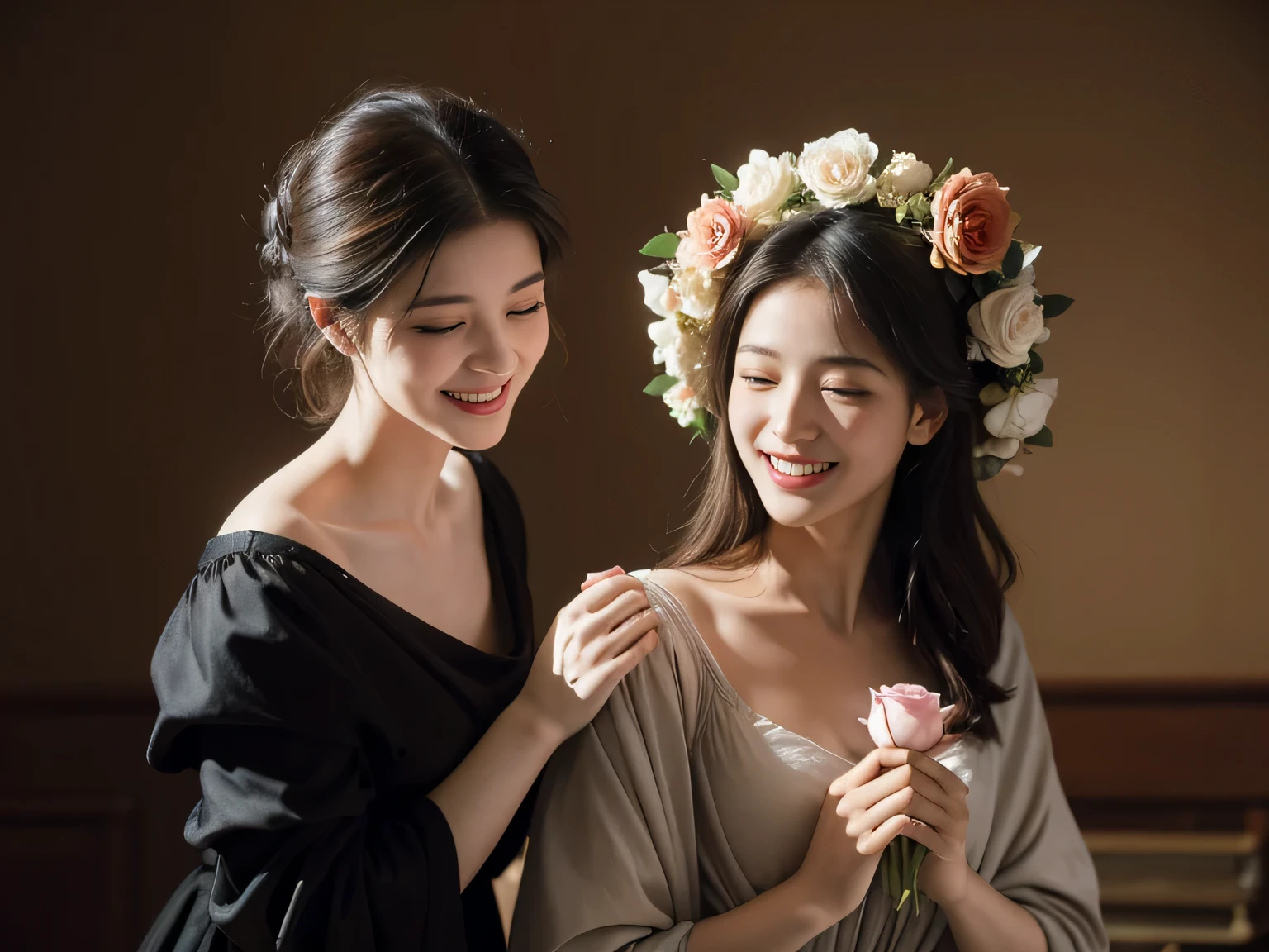 full body portrait ,flower,rose,antique,laughter,,sweet and enchanting appearance.、caravaggio painting、caravaggio'chiaroscuro,Two women having fun,cute smile, expression of ecstasy