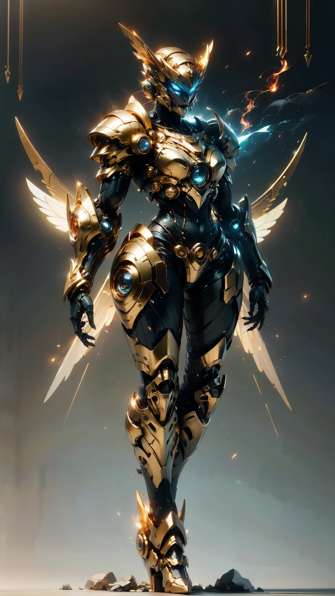A woman adorned in fantasy-style full-body armor, a crown-concept fully enclosed helmet that unveils only her eyes, a composite layered chest plate, fully encompassing shoulder and hand guards, a lightweight waist armor, form-fitting shin guards, the overall design is heavy-duty yet flexible, (the armor gleams with a golden glow, complemented by red and blue accents), exhibiting a noble aura, she floats above a fantasy-surreal high-tech city, this character embodies a finely crafted fantasy-surreal style armored hero in anime style, exquisite and mature manga art style, (mixture of Queen bee and Spider concept Armor, plasma), ((Element, elegant, goddess, femminine:1.5)), metallic, high definition, best quality, highres, ultra-detailed, ultra-fine painting, extremely delicate, professional, anatomically correct, symmetrical face, extremely detailed eyes and face, high quality eyes, creativity, RAW photo, UHD, 32k, Natural light, cinematic lighting, masterpiece-anatomy-perfect, masterpiece:1.5