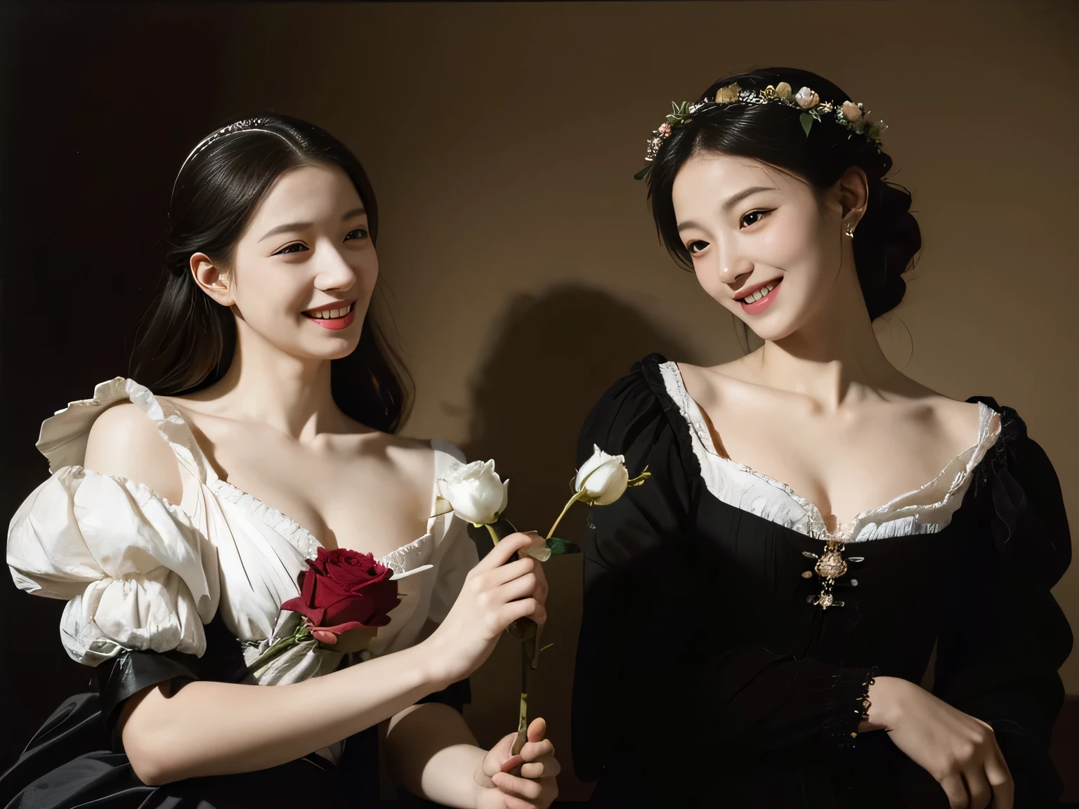 full body portrait ,flower,rose,antique,laughter,,sweet and enchanting appearance.、caravaggio painting、caravaggio'chiaroscuro,Two women having fun,cute smile, expression of ecstasy