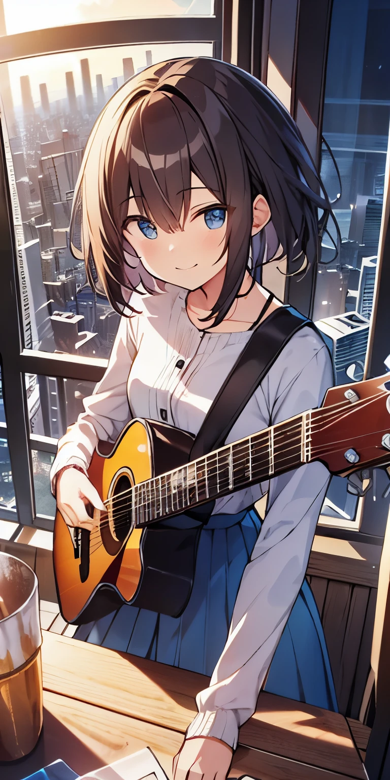 table top, highest quality,figure, wallpaper, Super detailed, absurd, girl, alone, (medium short hair、play the guitar、smile、Overlooking the city from the top of the hill、the sunset is beautiful
