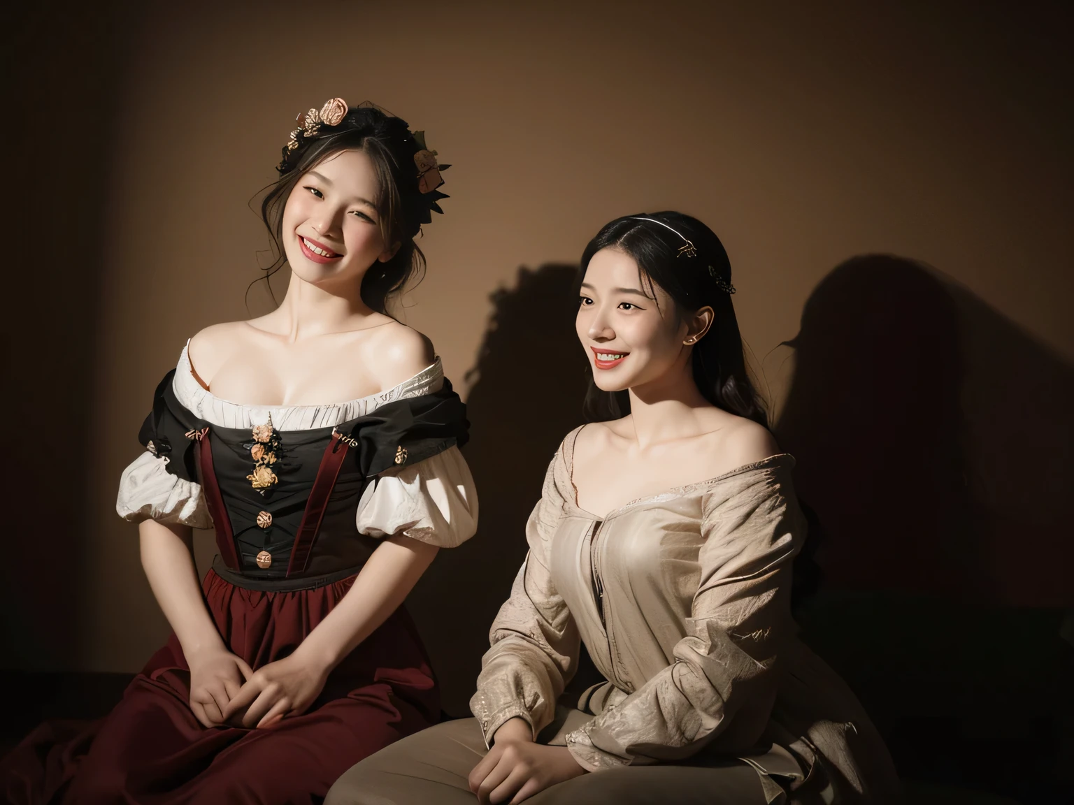 full body portrait ,flower,rose,antique,laughter,,sweet and enchanting appearance.、caravaggio painting、caravaggio'chiaroscuro,Two women having fun,cute smile, expression of ecstasy