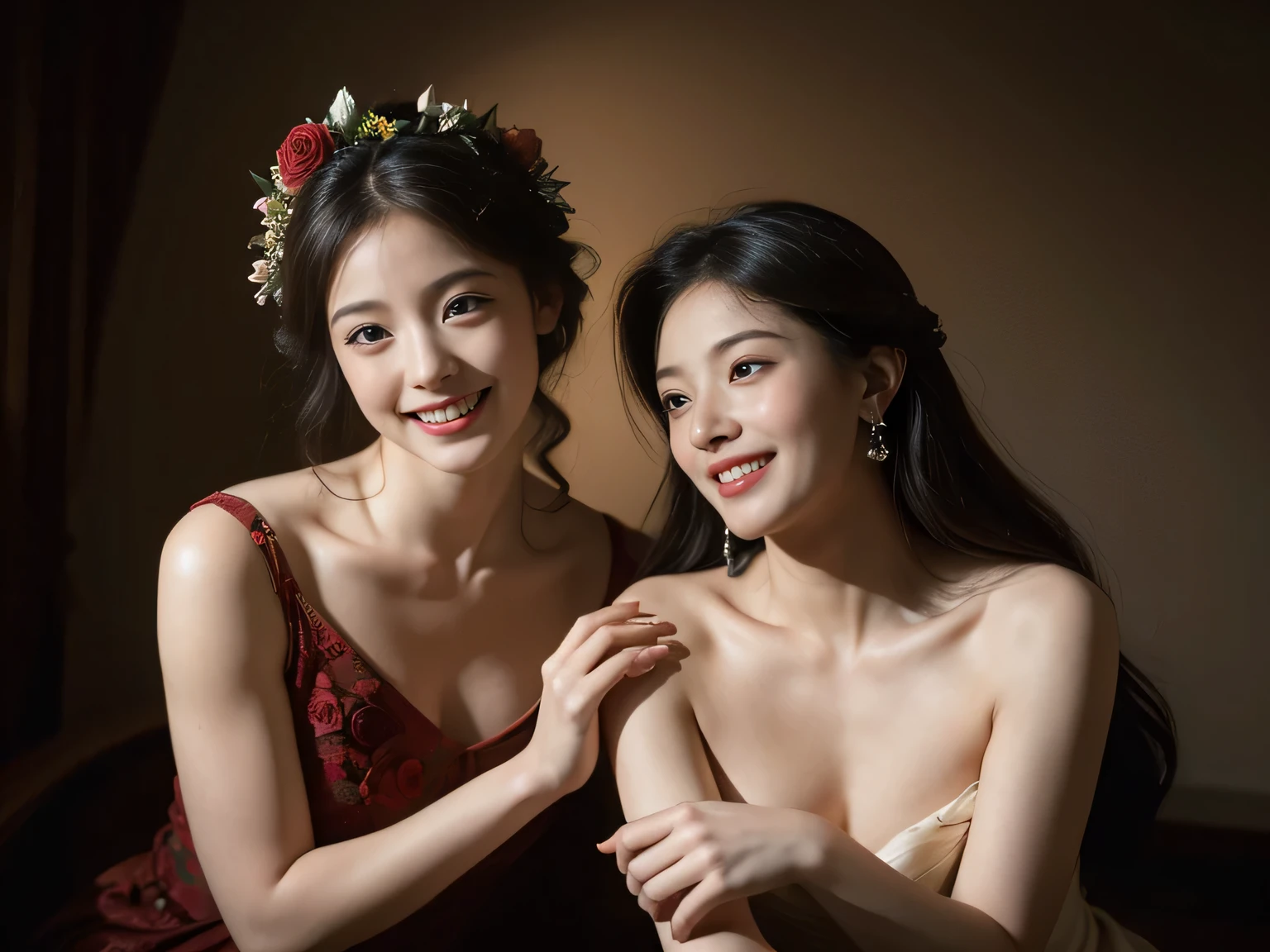 full body portrait ,flower,rose,antique,laughter,,sweet and enchanting appearance.、caravaggio painting、caravaggio'chiaroscuro,Two women having fun,cute smile, expression of ecstasy