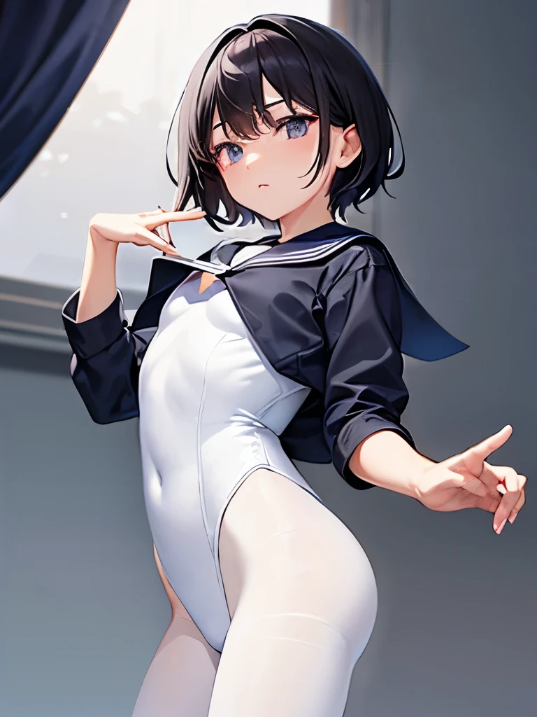 masterpiece, highest quality, super detailed、1 boy、short black hair、flat chest、man's body、dark blue sailor suit leotard High leg、whole body、standing、spread legs、white pantyhose、boy、short hair、sailor suit