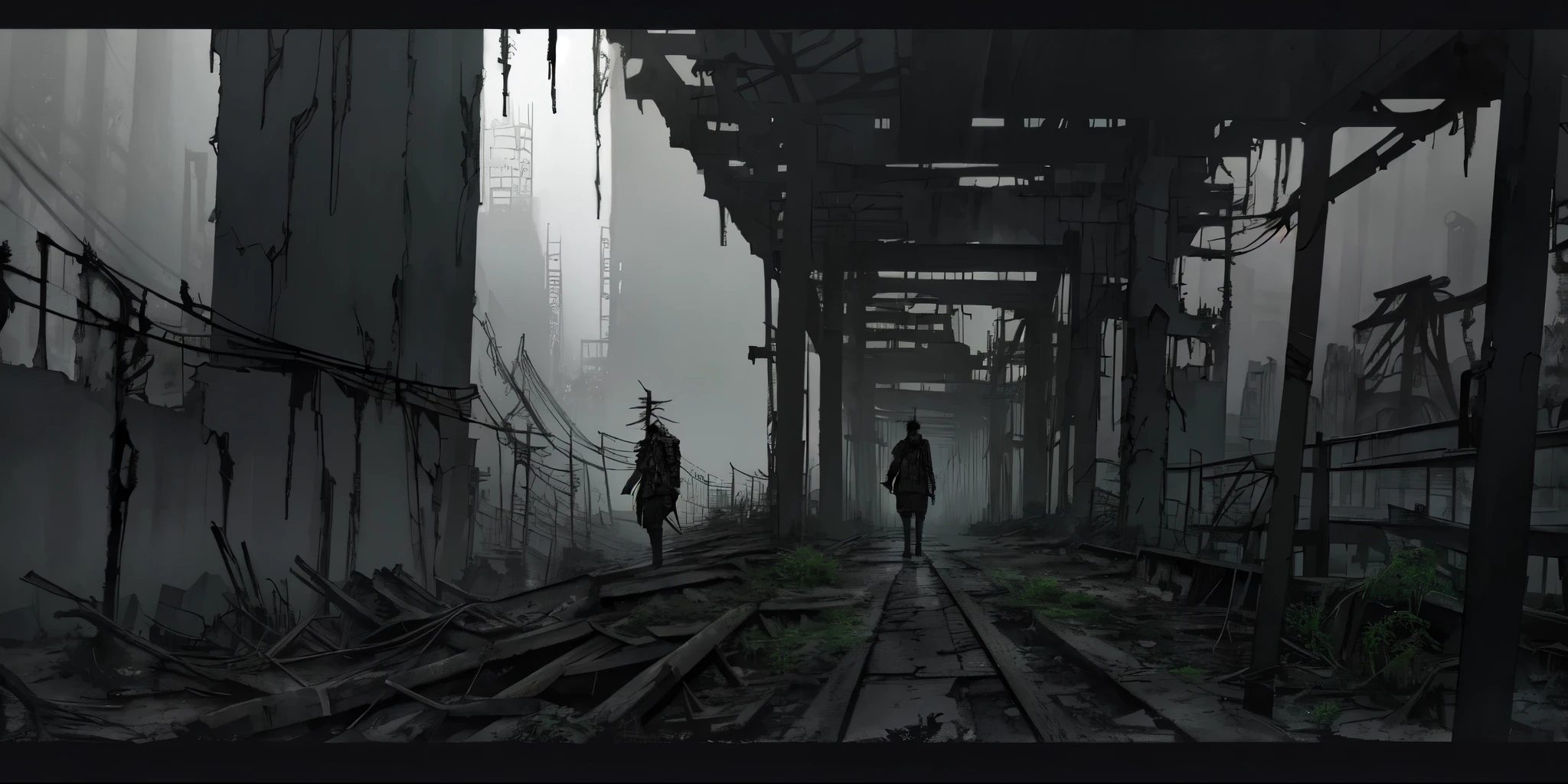 there is an anime picture from below a viaduct, digital concept art of dystopian, ruined city, (((anime style))), from evangelion, plants everywhere, bleak apocalyptic environment, set in post apocalyptic tokyo, dystopian environment, post apocalyptic tokyo, scenic dystopian environment, detailed atmospheric and gritty, post grunge concept art, post apocalyptic scene, apocalyptic environment, inspired by Ismail Inceoglu, an abandoned dystopian city, post apocalyptic atmosphere