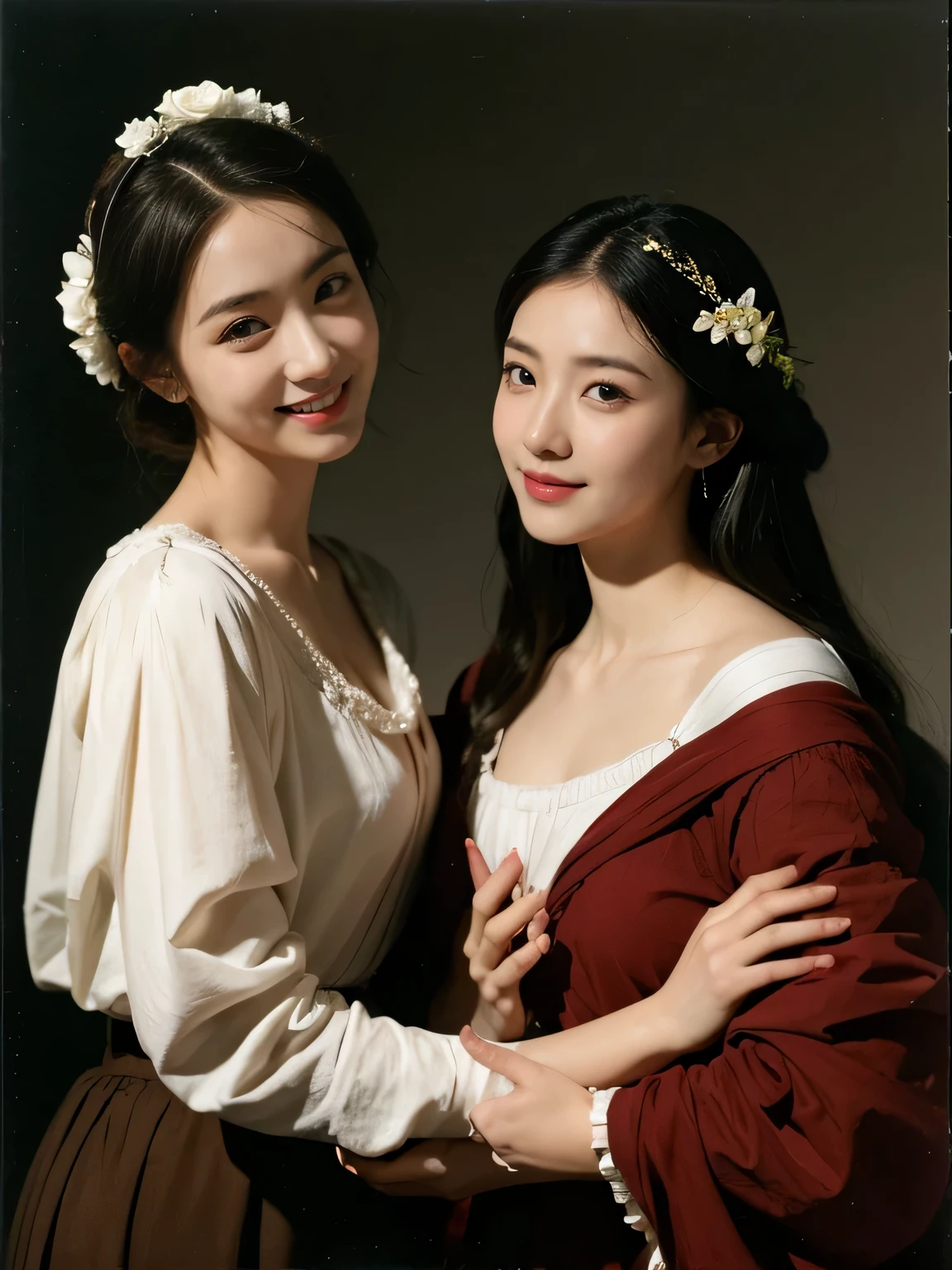 full body portrait ,flower,rose,antique,laughter,,sweet and enchanting appearance.、caravaggio painting、caravaggio&#39;chiaroscuro,Two women having fun,cute smile, expression of ecstasy