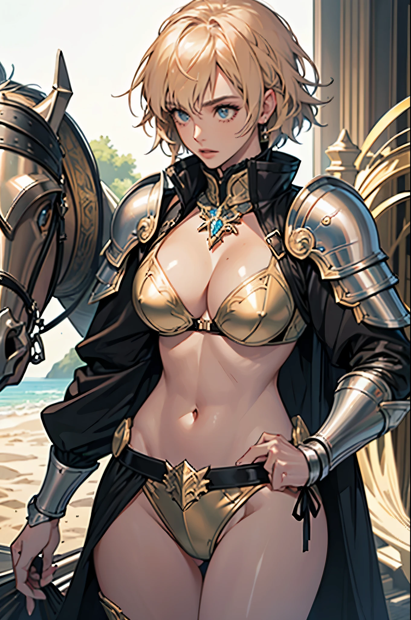 a close up of a woman in armor holding a sword, armor girl, bikini armor female knight, Bikini Armor, bikini-armor, Gorgeous Female Paladin, Female knight, of a beautiful female knight, Beautiful armor, A slender、bikini-armor, Revealing armor, ornate bikini armor, stunning armor, Trending on ArtStation pixiv, beautiful female knight