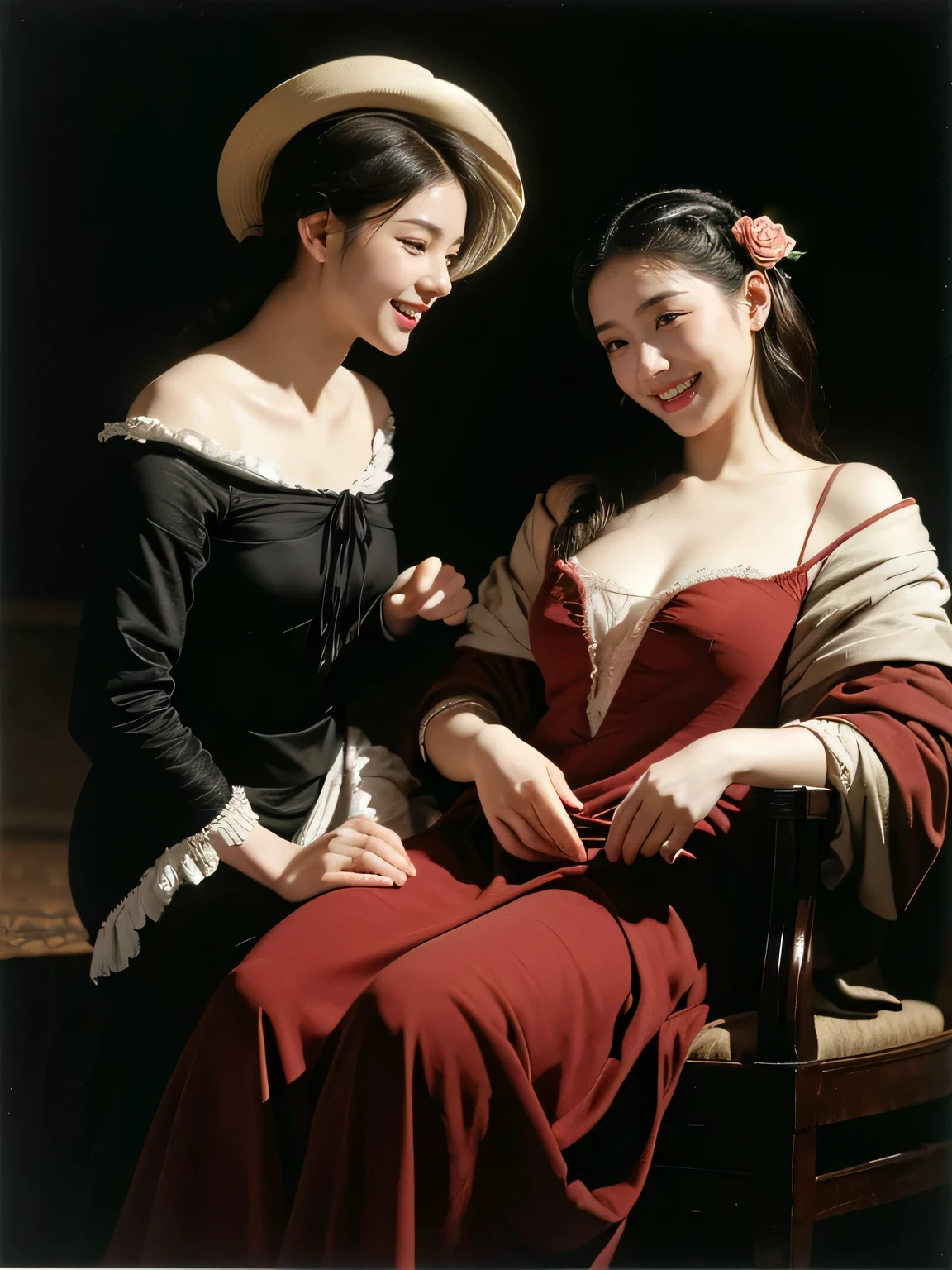 full body portrait ,flower,rose,antique,laughter,,sweet and enchanting appearance.、caravaggio painting、caravaggio&#39;chiaroscuro,Two women having fun,cute smile, expression of ecstasy