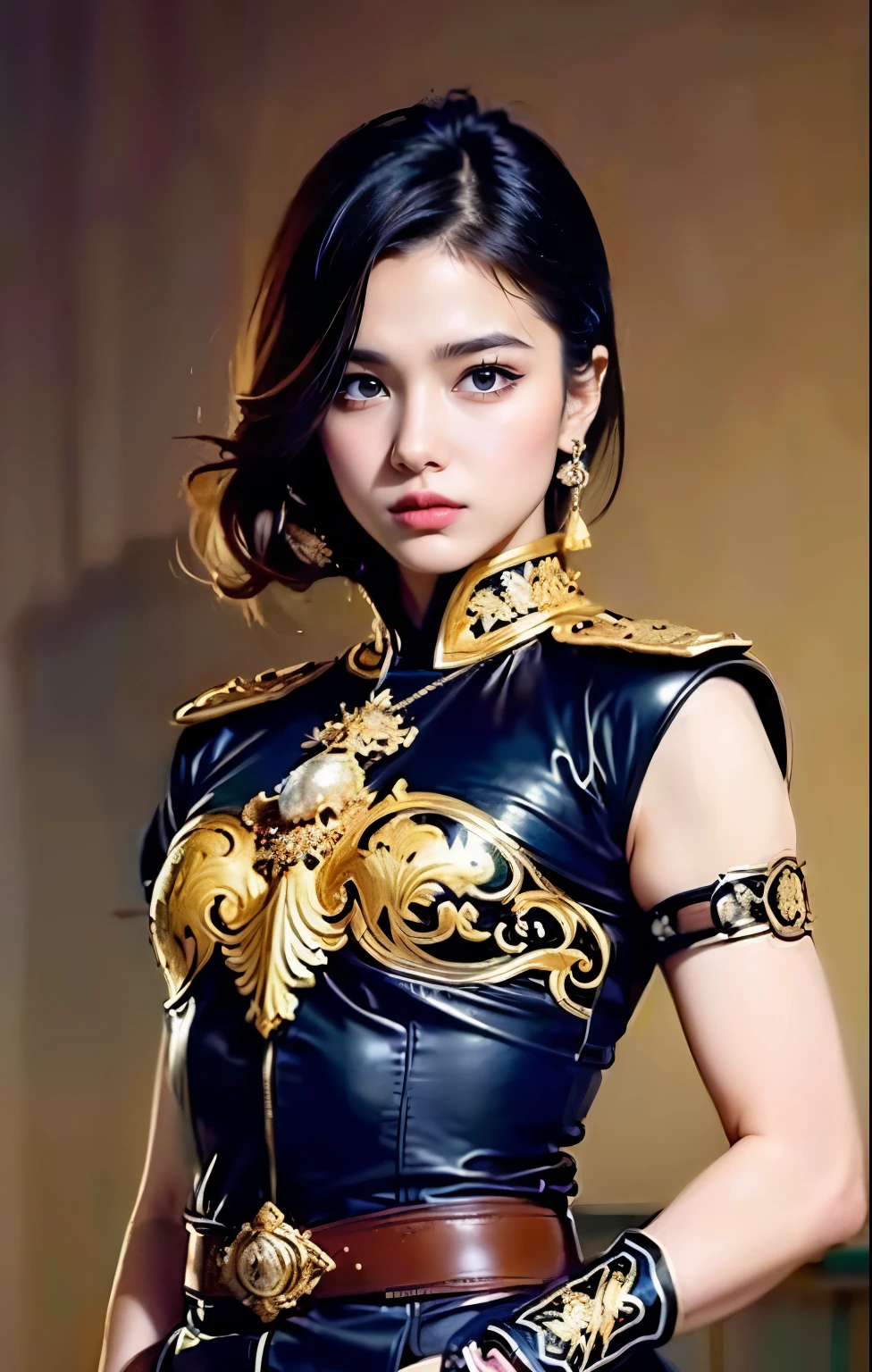 (((maximum quality: 1.4))), (Unbeatable masterpiece), (ultra high definition), (obra de arte: Carne Griffiths), (CG 8K ultrarrealista), arte oficial,pose atraente, gladiador feminino, Rosto limpo incrivelmente lindo,Armadura e manoplas altamente detalhadas, Messy hair, muscular_corpo:1.4, pele bronzeada:1.4, Peitoral altamente detalhado, Tatuagem tribal no corpo,seios grandes e cheios,corpo bem treinado, Fundo da antiga cidade romana,Sunlight creates beautiful shadow gradients and adds depth to the image., (cores suaves, cores desbotadas, tom mudo: 1.3), low saturation, (hiper detalhe: 1.2), anatomia perfeita,(Half body image from head to thigh:1.2),MULHERES