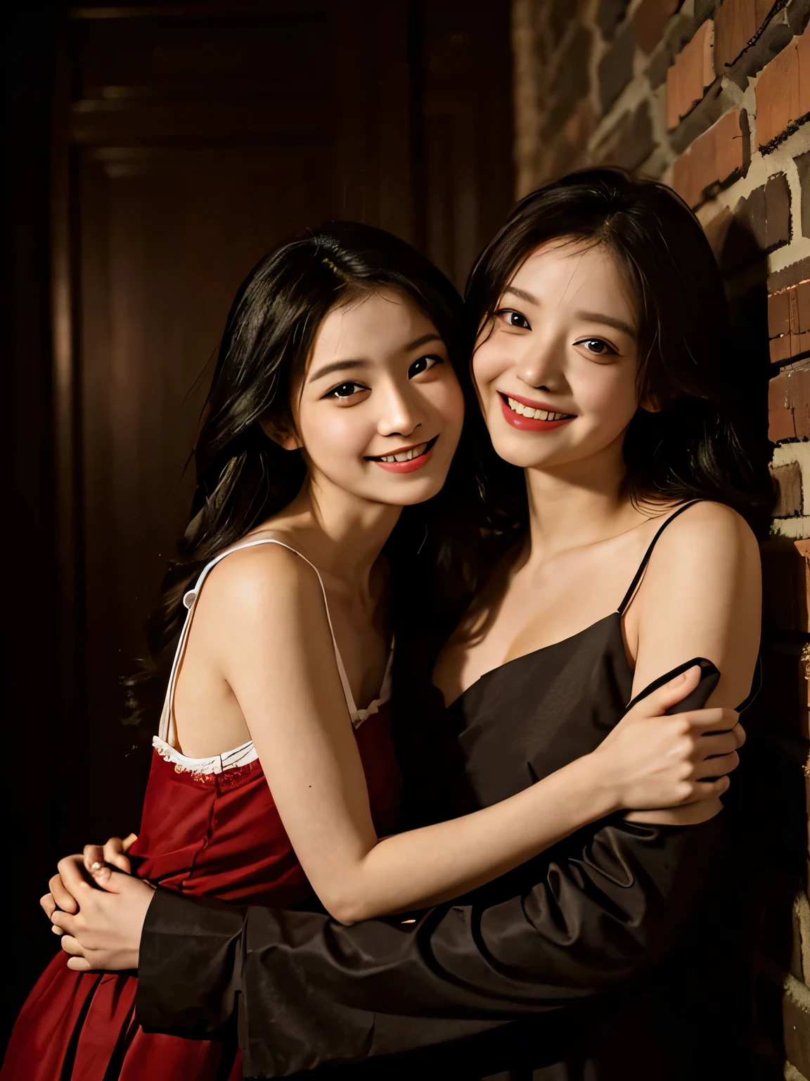 full body portrait ,flower,rose,antique,laughter,,sweet and enchanting appearance.、caravaggio painting、caravaggio'chiaroscuro,Two women having fun,cute smile, expression of ecstasy