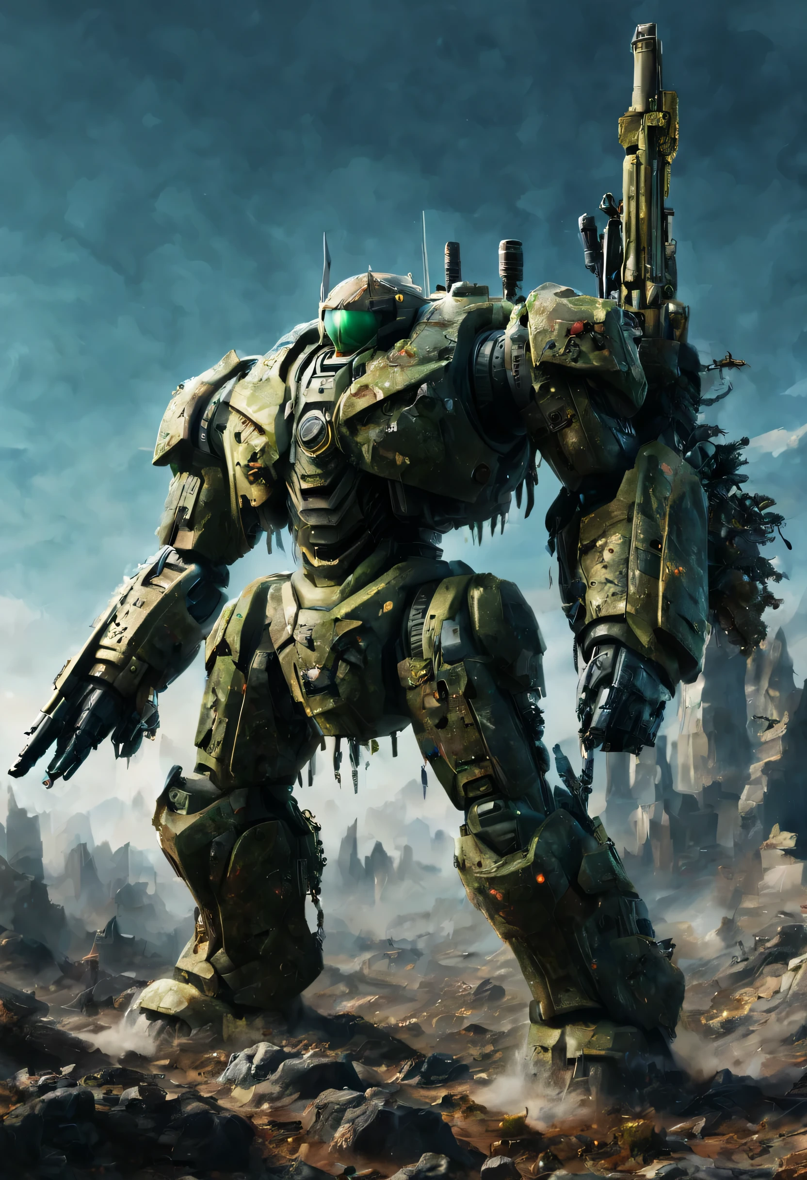 Mecha Warrior, (Detailed beam rifles, detailed cannons, detailed machine guns), camouflage pattern, stealth robots, fashionable combat robots of the future, and forms to fall in love with, (full body:1.3), wide angle view, (best composition), (masterpiece), (highest quality), (Ultra high definition)