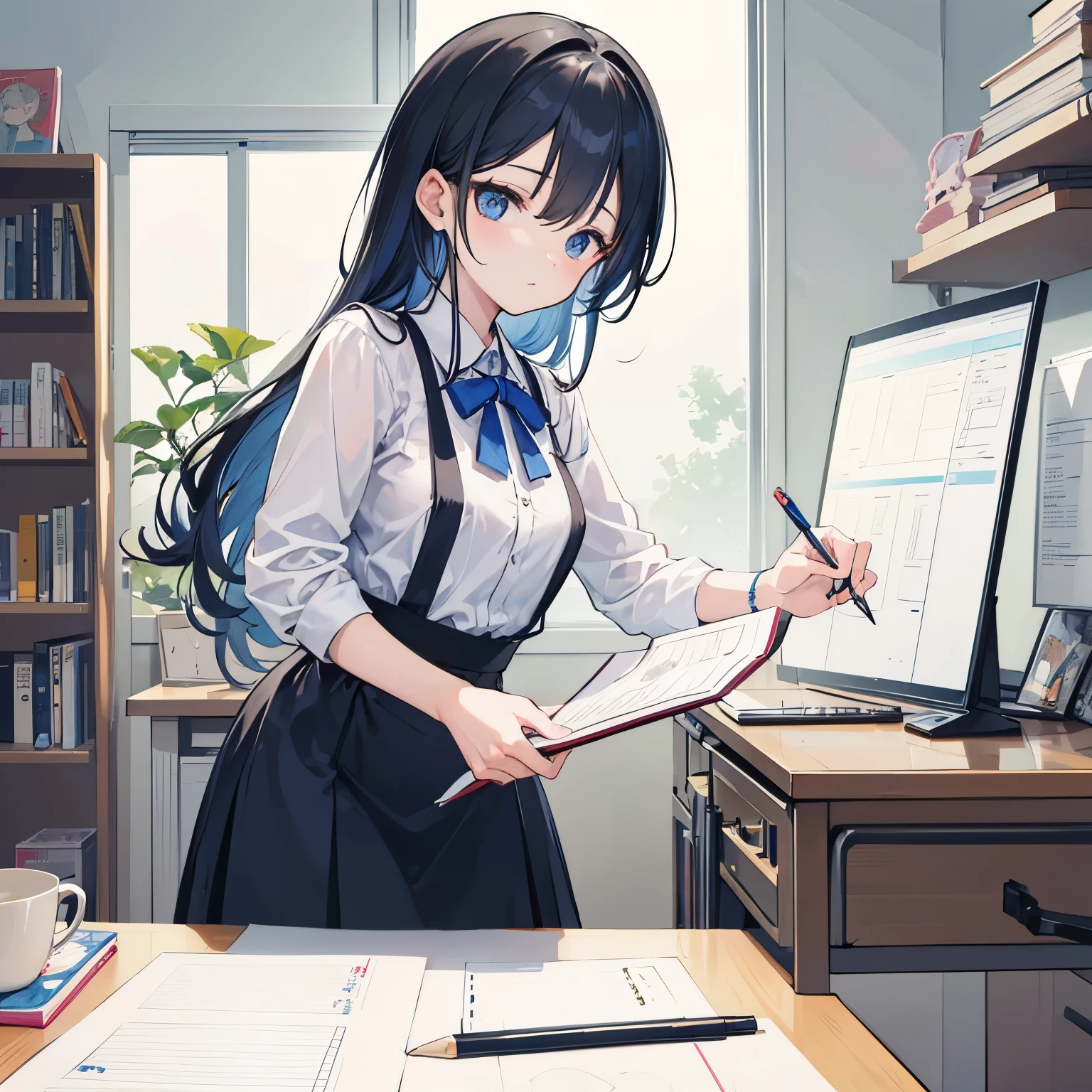 A simple illustration of a housewife that can be used for business purposes。He is deformed and drawing illustrations at his desk.。Front bust up。