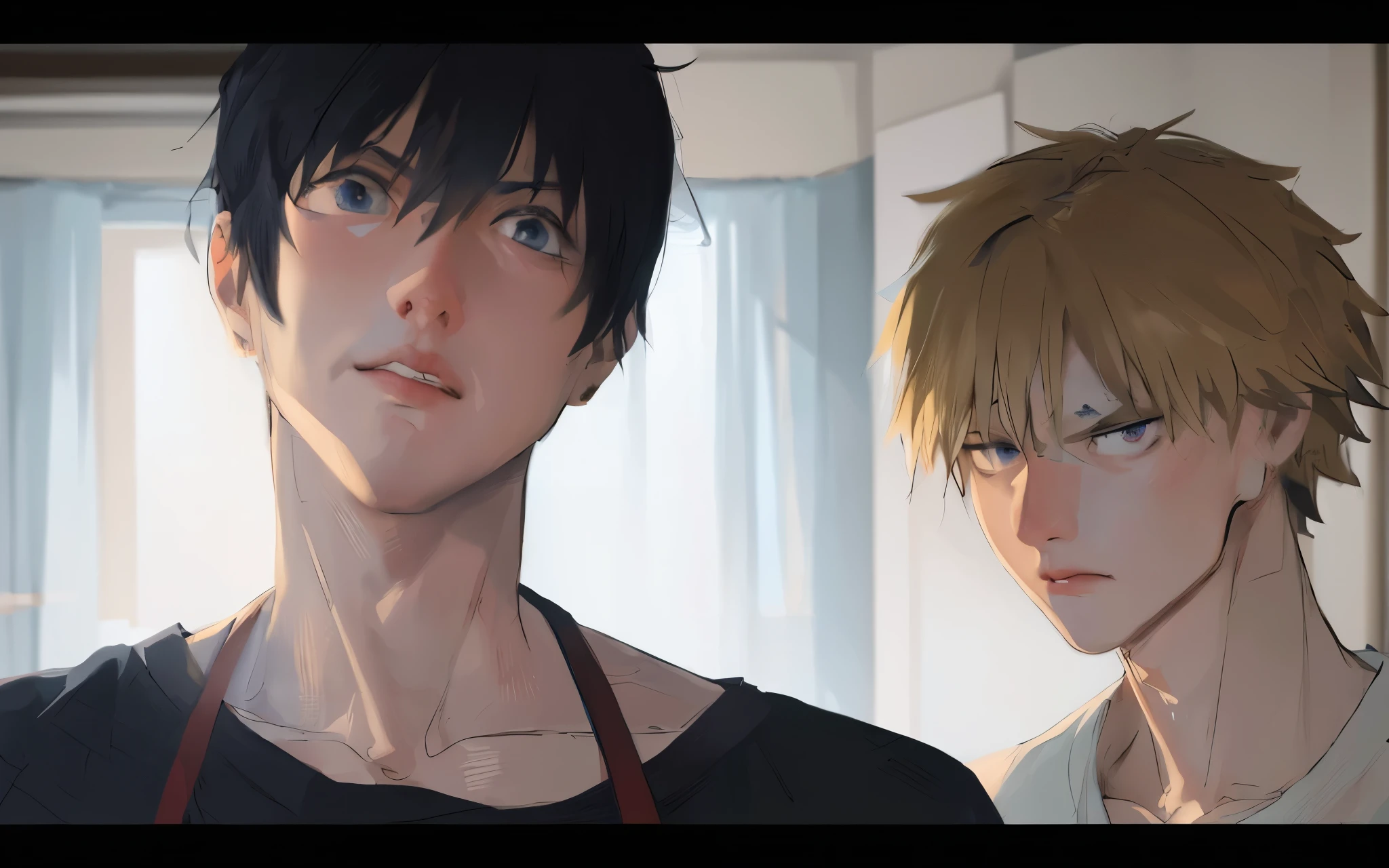 (best quality,4k,8k,highres,masterpiece:1.2),ultra-detailed,realistic,anime characters,beautifully painted men,room setting,detailed eyes,detailed lips,sharp focus,vivid colors,studio lighting,artistic style,high-quality illustrations,excellent craftsmanship,bokeh,physically-based rendering,thoughtful composition,immersive atmosphere